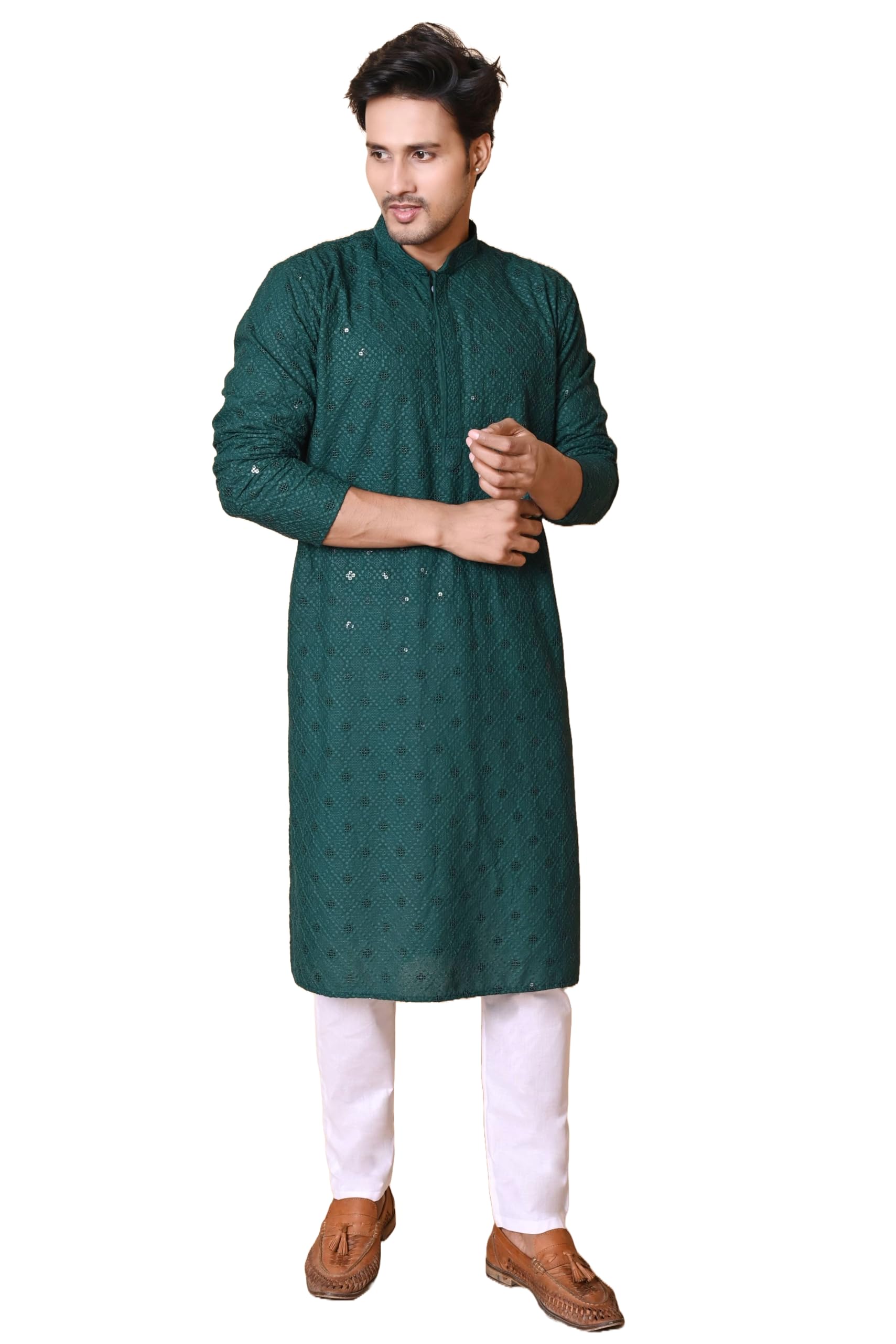 Traditional Embroidered & Sequins Work, Rayon, Kurta & Pyjama Set for Mens, Mandarin Collar, Long Sleeves-image-1