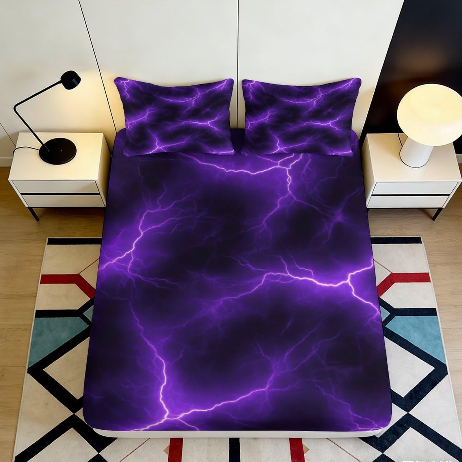 3D Printed Purple Lightning Fitted Sheet Microfiber Anti-Slip Bedroom Decor Electric Storm Mattress Cover Easy Care 90x200x25cm