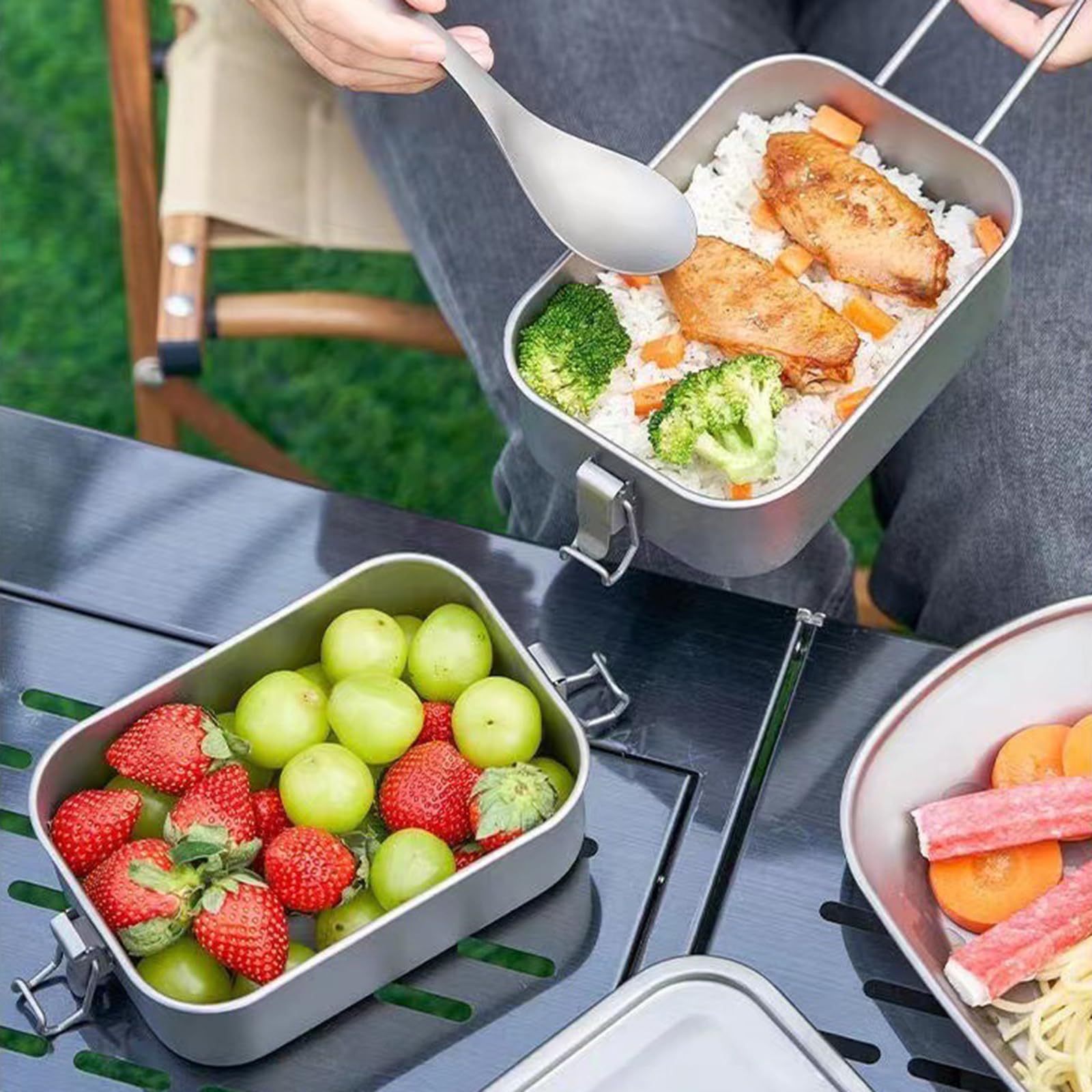 Contenedor portátil de aleación de Metal para Acampar Bentos, Rectangular, contenedor para Almuerzo, Caja de Almacenamiento de Alimentos, Utensilios de Cocina para Picnic, Plegable