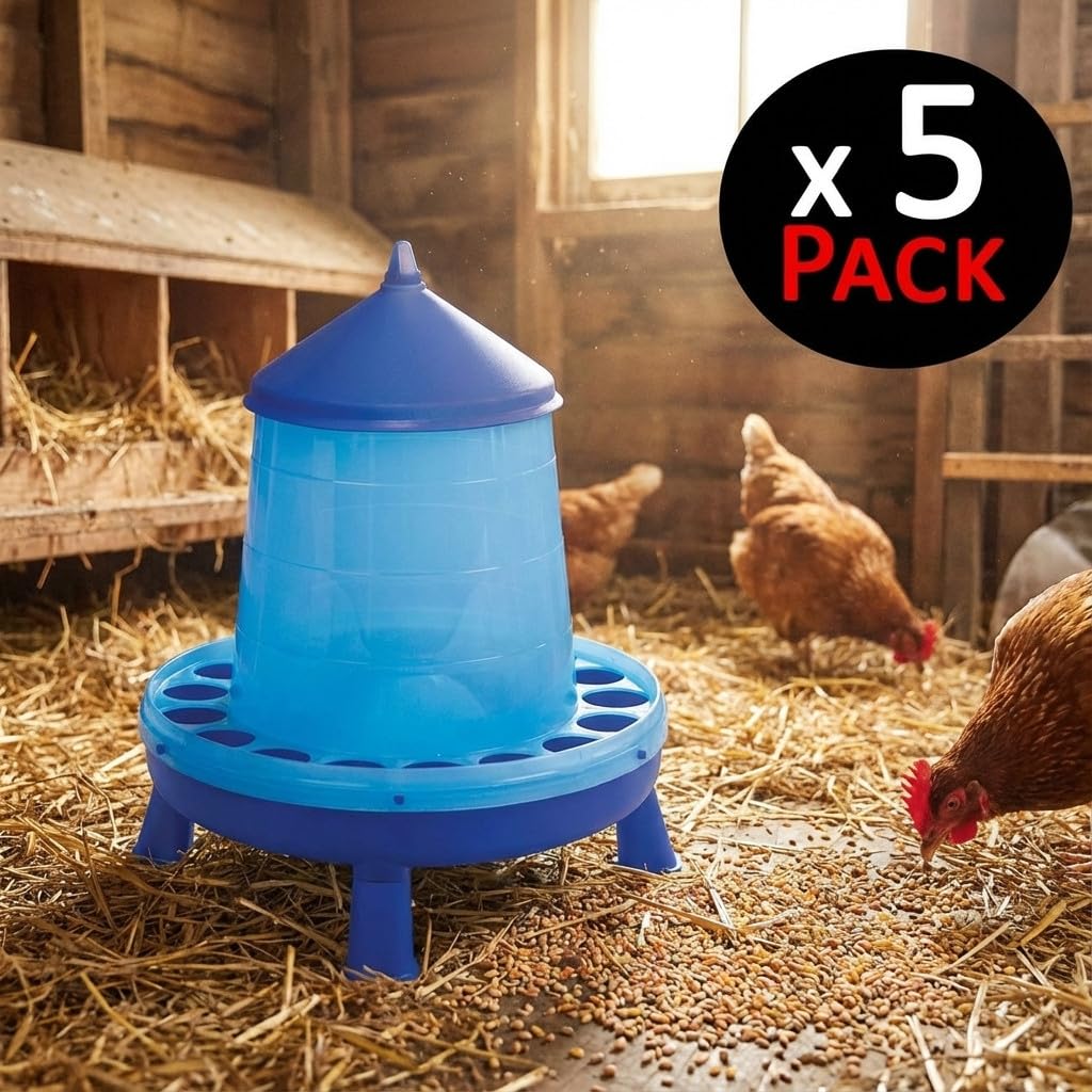 Suinga Pack 5 Tolva Comedero con Patas para Aves y Gallinas | Capacidad 4 kg | 30x30x50 cm | Plástico Resistente | Color Azul