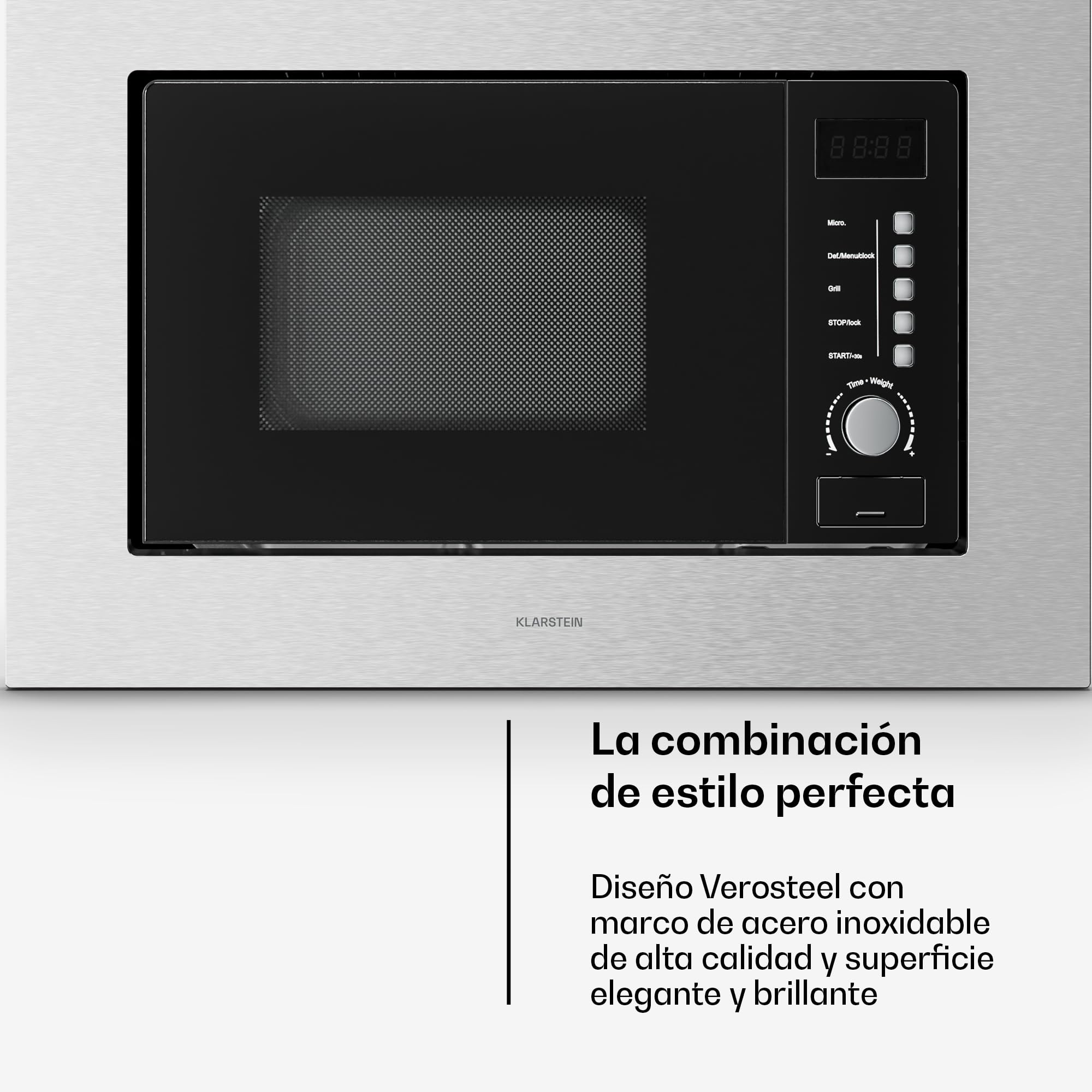 Klarstein Verosteel Microondas Empotrable con Grill – 20L, 700W, 8 Programas, Acero Inoxidable, Control Táctil, Microondas Integrable, Plato Giratorio 25,5cm, Acero Inoxidable