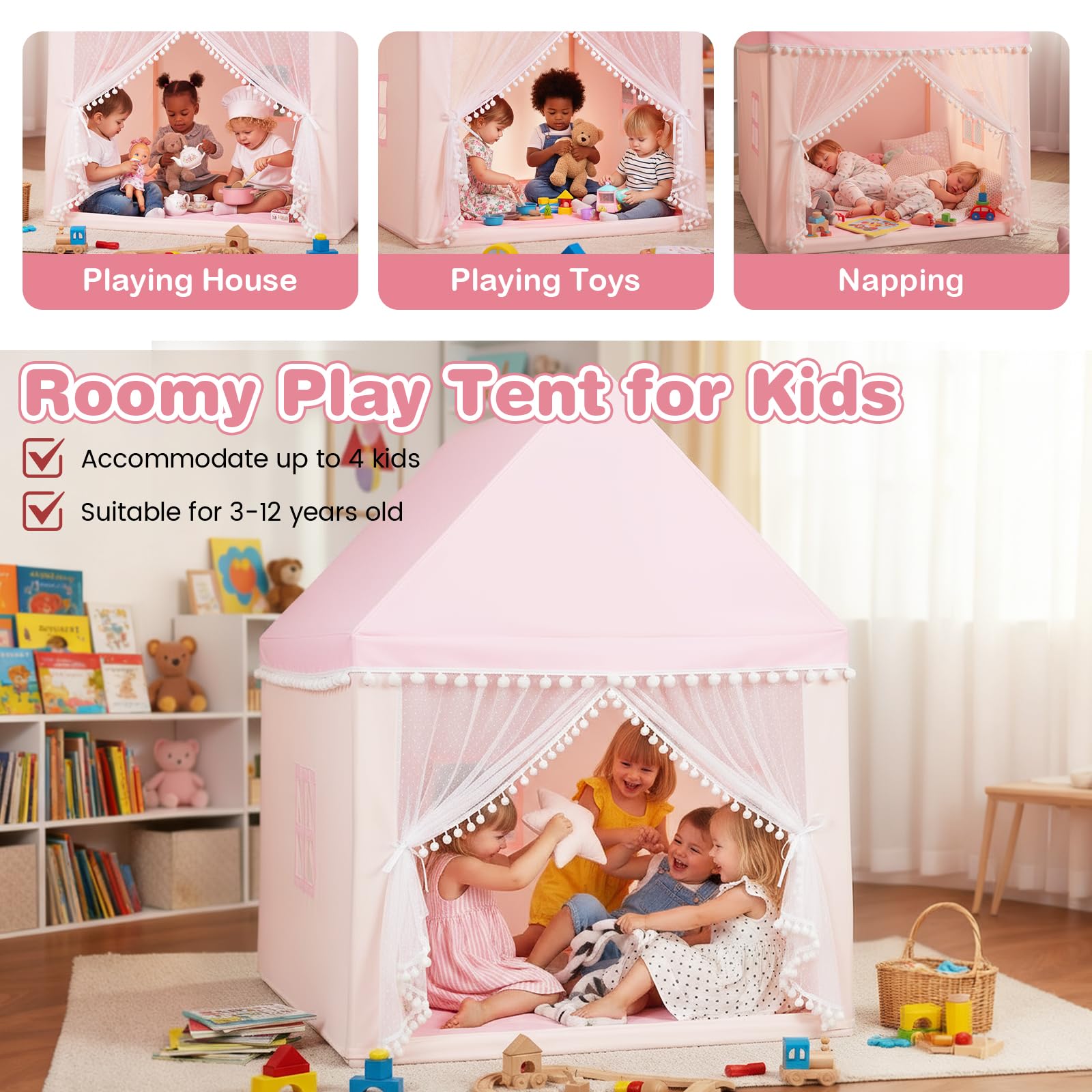 HOMASIS Kinderzelt für Indoor, Kinderspielhaus mit Matte & Fenstern & Holzrahmen & Vorhang, Kinder Spielzelt Prinzessin für Mädchen & Jungen, Bettzelt Tipi Zelt 105x120x140 cm (Modell 1-Pink)
