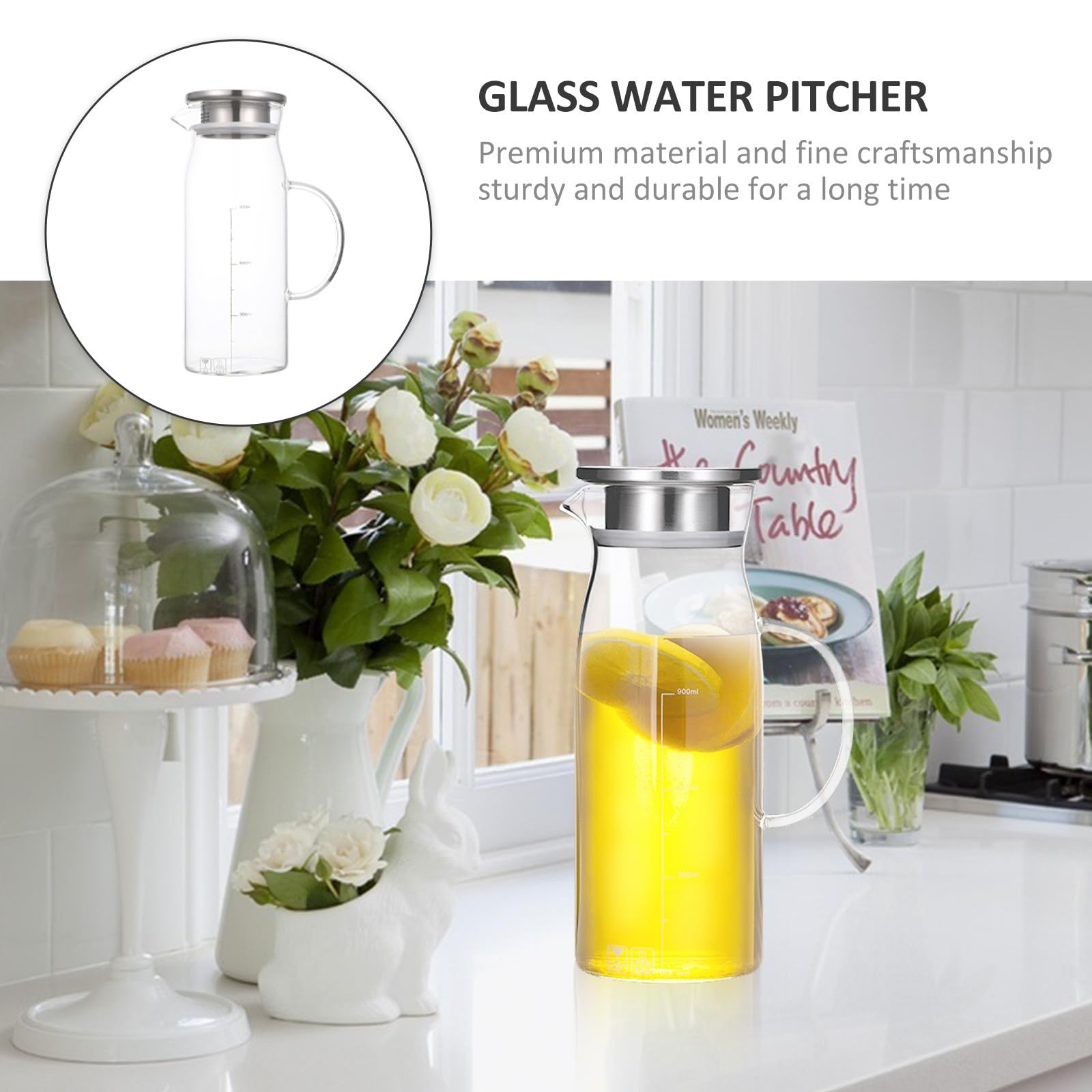 Jarra de Agua de Vidrio 1200ml Acero Inoxidable Resistente | Capacidad Grande, Apta para Té Caliente, Diseño Simple y Práctico, Uso para Leche y Bebidas Refrescantes