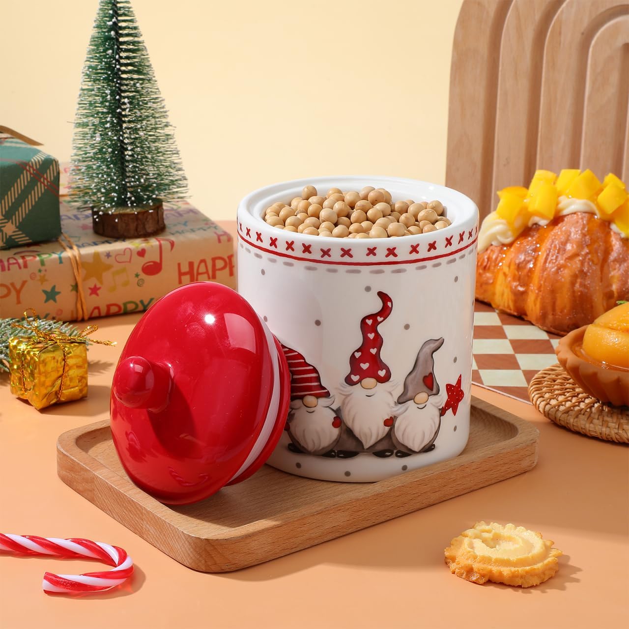 Tofficu Christmas Gnome Storage Jar, Ceramic Sealed Canisters with Lid, Cookie Containers for Xmas Candy Loose Tea Spice Grain Holiday Decorations Treats Snacks Kitchen Organization White
