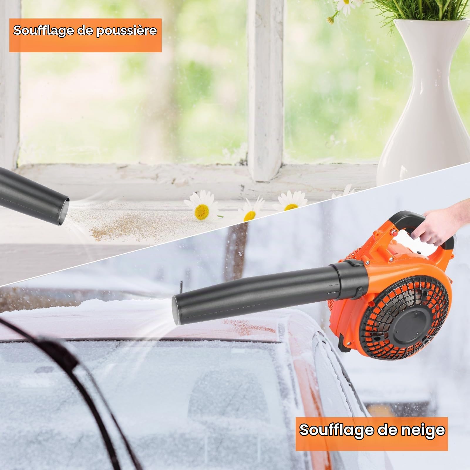 Roadoor Souffleur Thermique à Essence 26cc Puissant, SOUFFleur Portable sans Fil pour Feuilles et Jardin, Débit d'air 9,8 m³ / Min, Vitesse 250 km/h, Moteur 2 Temps REFROIDI par AIR Orange