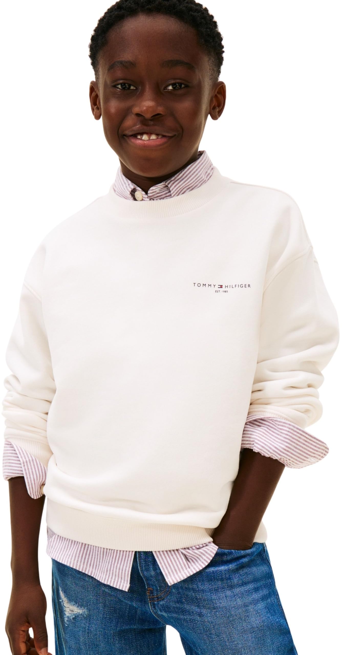 Tommy Hilfiger Unisex MINI CORP C-NECK SWEATSHIRT KS0KS00665 Pullover Sweatshirt, WHITE (Ancient White), 7 Years