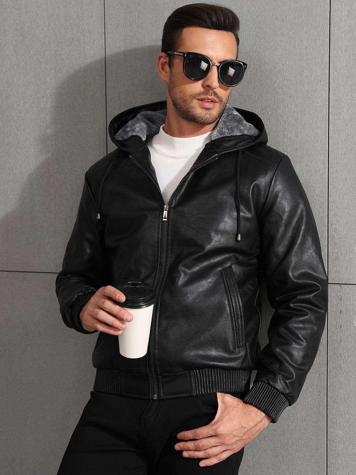 Uusollecy Chaqueta Cuero Hombre de Invierno con Forro Cálido Capucha Resistente al Viento y Cremallera