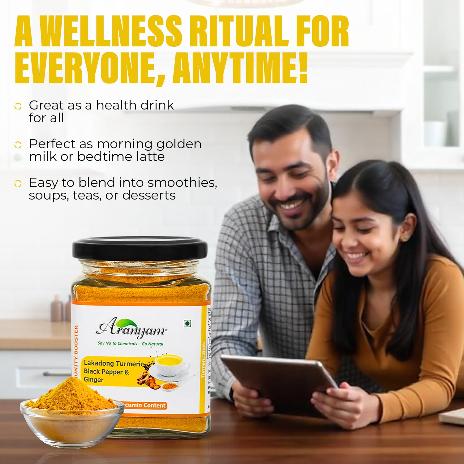 Aranyam Lakadong Turmeric Drink Mix - 100g | Infused with Black Pepper & Ginger - High Curcumin (7-12%) | Haldi Powder for Golden Milk, Latte, Herbal Tea & Health Drinks | Lakadong Turmeric Powder from Meghalaya 3