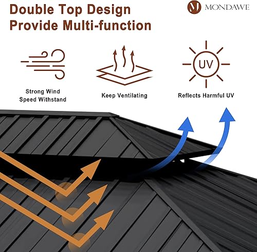 Miniatura 6 de Gazebo de madera de cedro de 12 x 20 pies, glorieta de techo rígido con red, pérgola permanente para exteriores con pabellón de doble techo de acero
