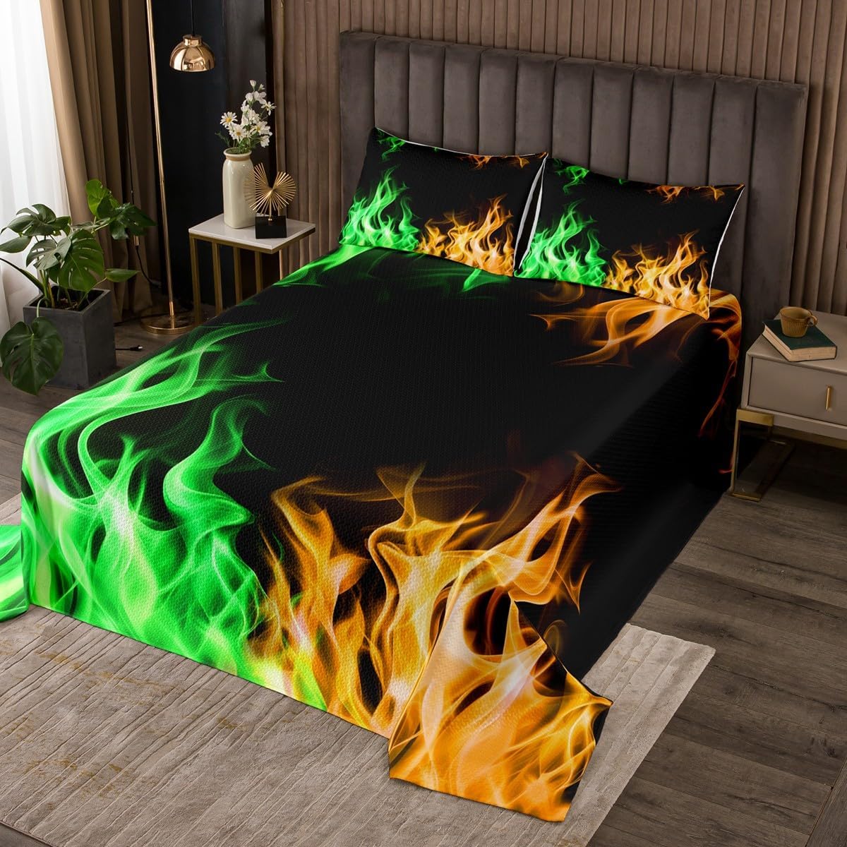 Castle Fairy Gaming Flame Bedspread Twin Size,Video Games Bedding Sets 2Pcs for Kids Girls Boys Room Decor,Cool Burning Flames Comforter Set Modern Black Quilt Coverlet,1 Pillowcase