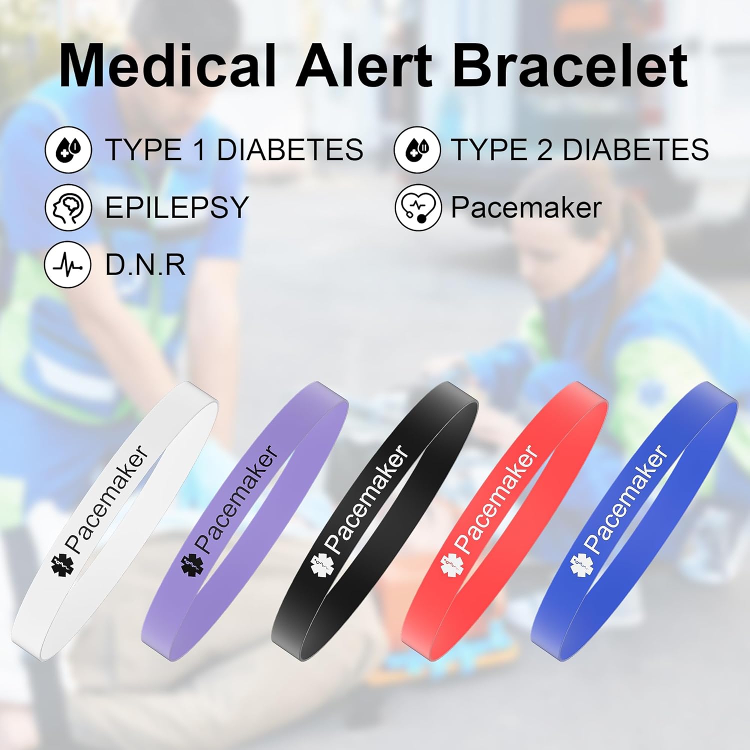5PCS Medical Alert Bracelet for Men Women, Medical Alert ID Silicone Wristband for Diabetic D.N.R Pacemaker Epilepsy - Image 2