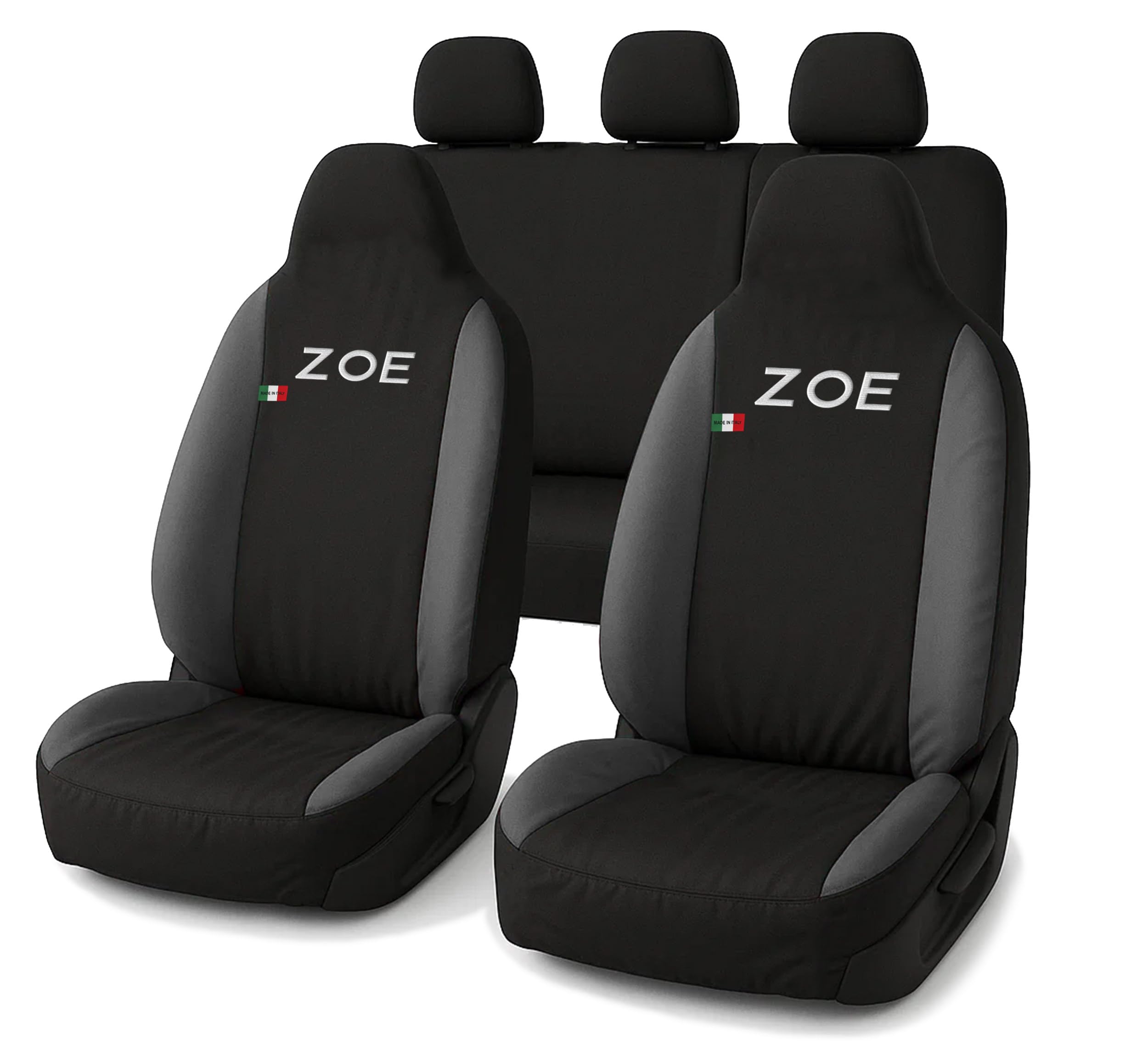 Auto Accessori Lupex Auto-Sitzbezüge, kompatibel mit Zoe | Kopfstützenbezüge enthalten | Made in Italy | Sitzbezug-Set vorne und hinten | gesticktes Logo | Innenraum (Schwarz/Dunkelgrau)