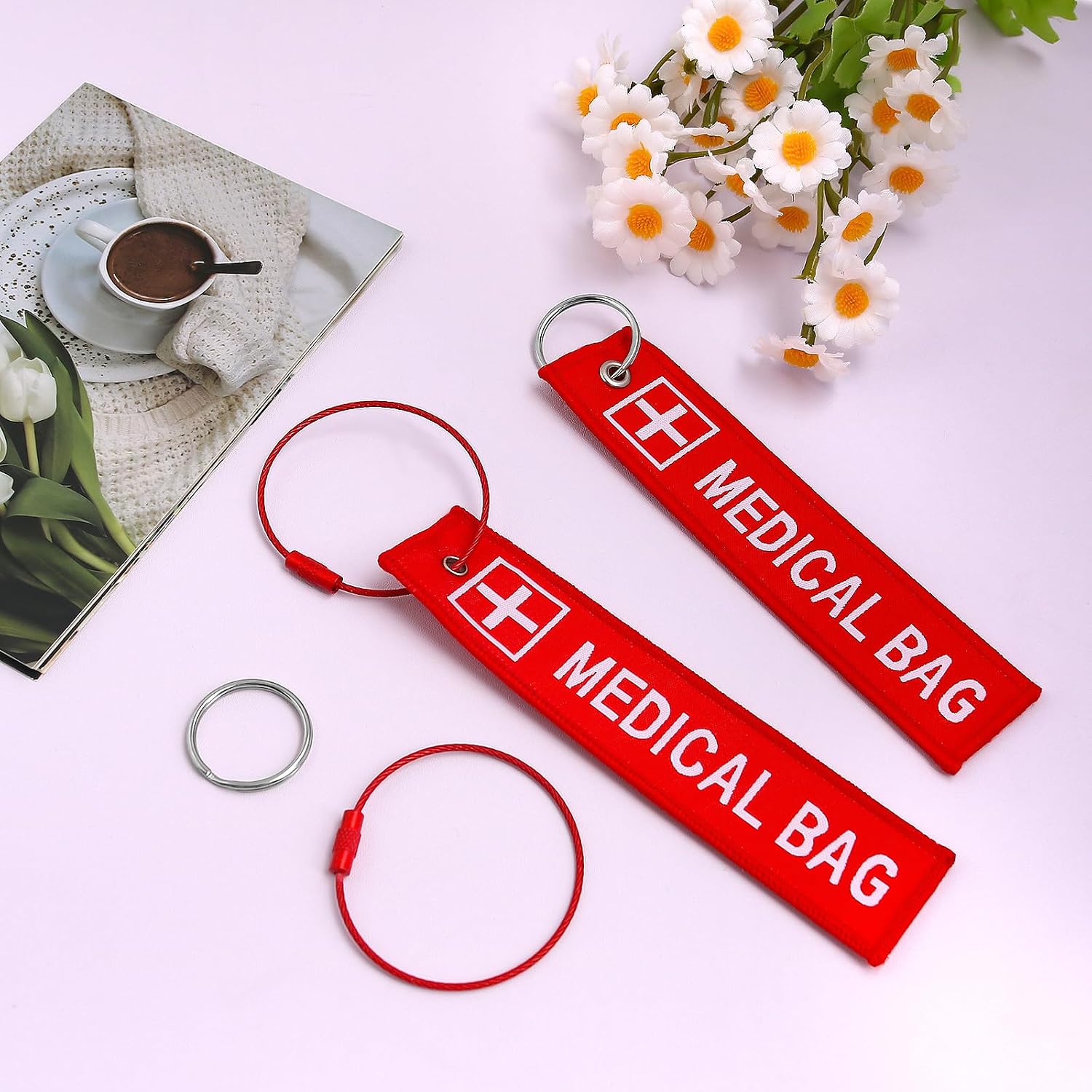 2 Pack Medical Alert Bag Tag Red Embroidered Emergency ID Label for Luggage (5.1x1.81 Inch) for CPAP/Diabetic Supplies Travel Accessories with 2 Red Wire Key Rings