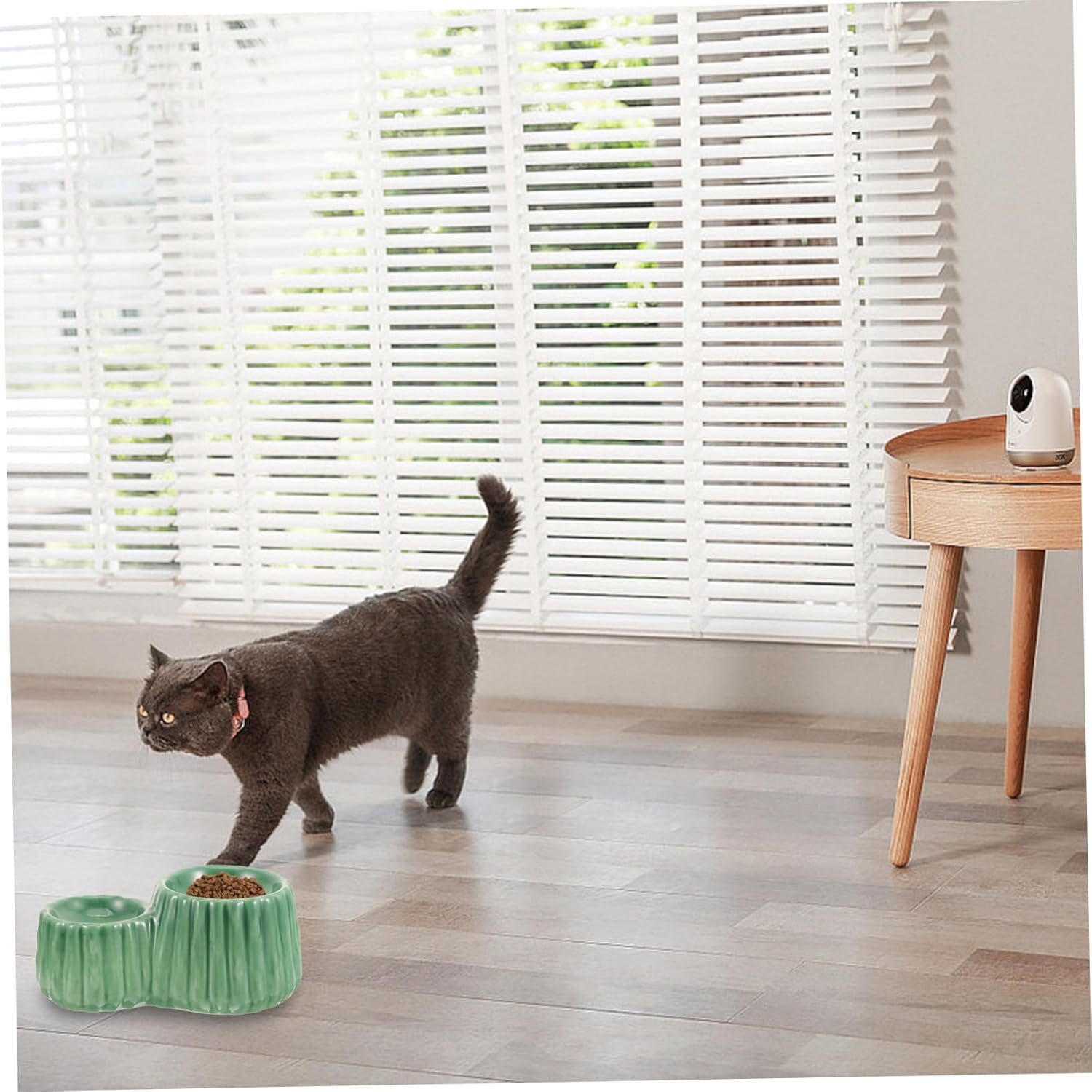 Elevated Ceramic Cat Bowl with Sloped Design for Comfortable Eating Non-tip Raised Pet Feeder for Cats and Dogs Easy-Clean Smooth Surface Stable and Reusable Green Dual-Bowl