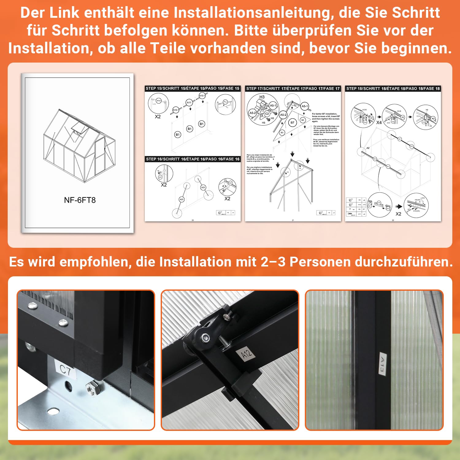 Gewächshaus Aluminium Fundament, 123 x 180 x 195 cm,4mm Polycarbonat-Hohlkammerplatten,Tomatengewächshaus Winterfest Belüftung Garten