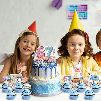 Donut & Ice Cream Theme 67 Birthday Decorations, 1 Large Cake Topper + 24 Cupcake Toppers (12 Designs) in Pink & Blue, Humorous