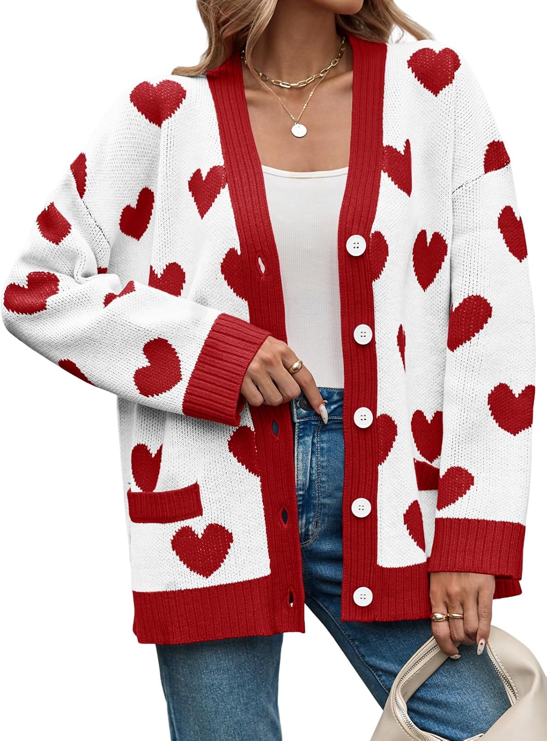 Saodimallsu Womens Oversized Heart Cardigan Color Block V Neck Button Long Sleeve Chunky Valentines Sweaters - Image 4