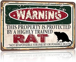Vintage Rat Metal Sign, Warning this property is protected by a highly trained Rat Funny Tin Signs for Indoor Outdoor Home Decor Room Door Accessories 8"x12"