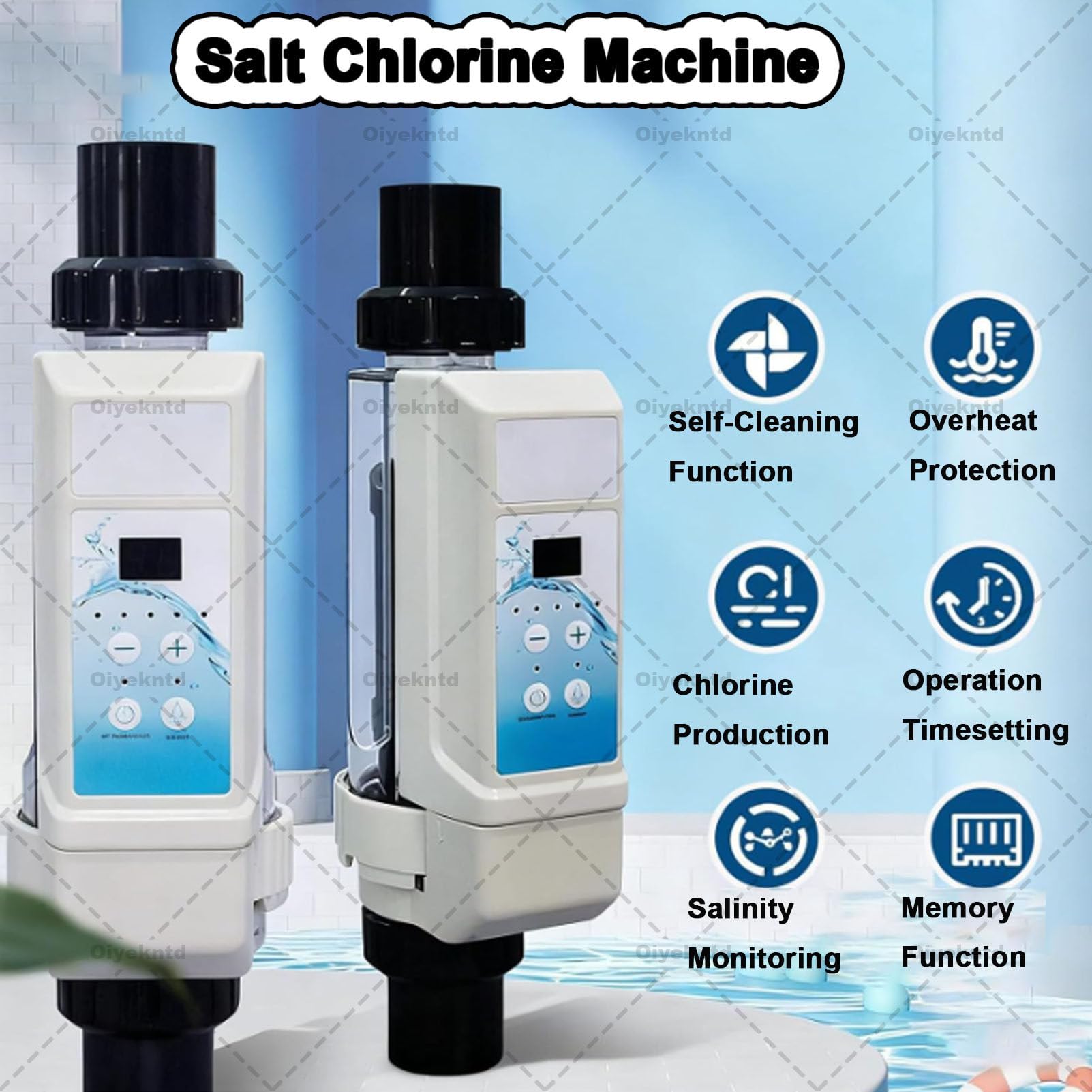 Generador electrolítico de cloro salino para piscinas, dispositivo de cloro autolimpiante, apto para piscinas de hasta 100 m³