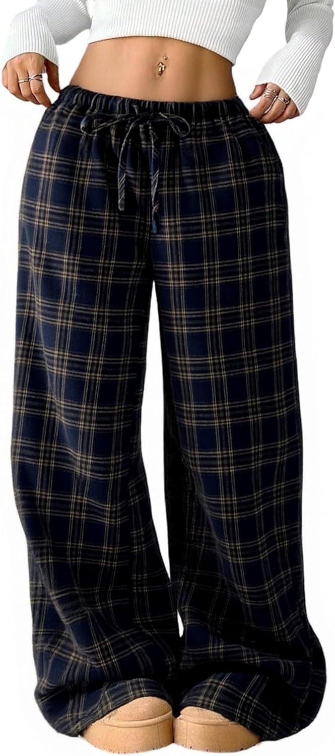 Pantalones Anchos para Mujer Vintage Plaid Wide Leg Pants Woman Oversized Baggy Trousers with Pockets Streetwear