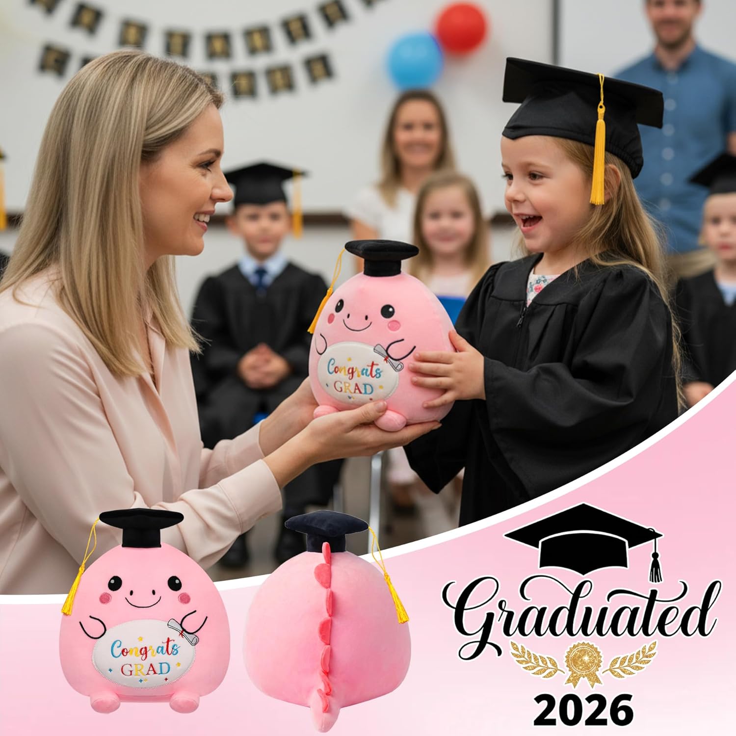 Graduation Dinosaur Plush with Cap - Pink Dinosaur Stuffed Animal Graduation Gift for Kindergarten Preschool Graduation 2026 Soft Personalized Congrats Grad Toy for Girls Toddlers Kids Her 10 Inch