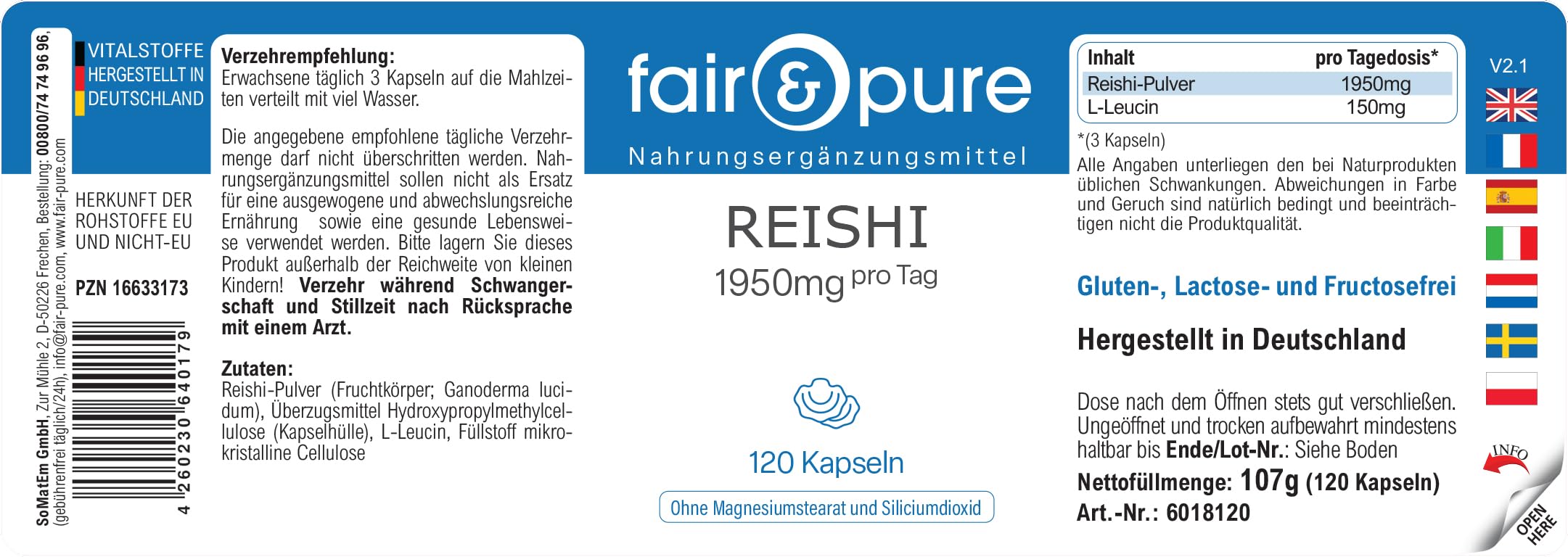 Fair & Pure® - Capsule di Reishi 1950 mg - 120 capsule - Ganoderma lucidum - Fungo medicinale - Altamente dosato - Vegano