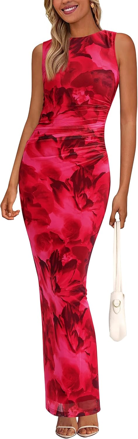 PRETTYGARDEN Womens Summer Wedding Guest Dress 2026 Spring Mesh Sleeveless Bodycon Ruched Floral Holiday Maxi Long Dresses