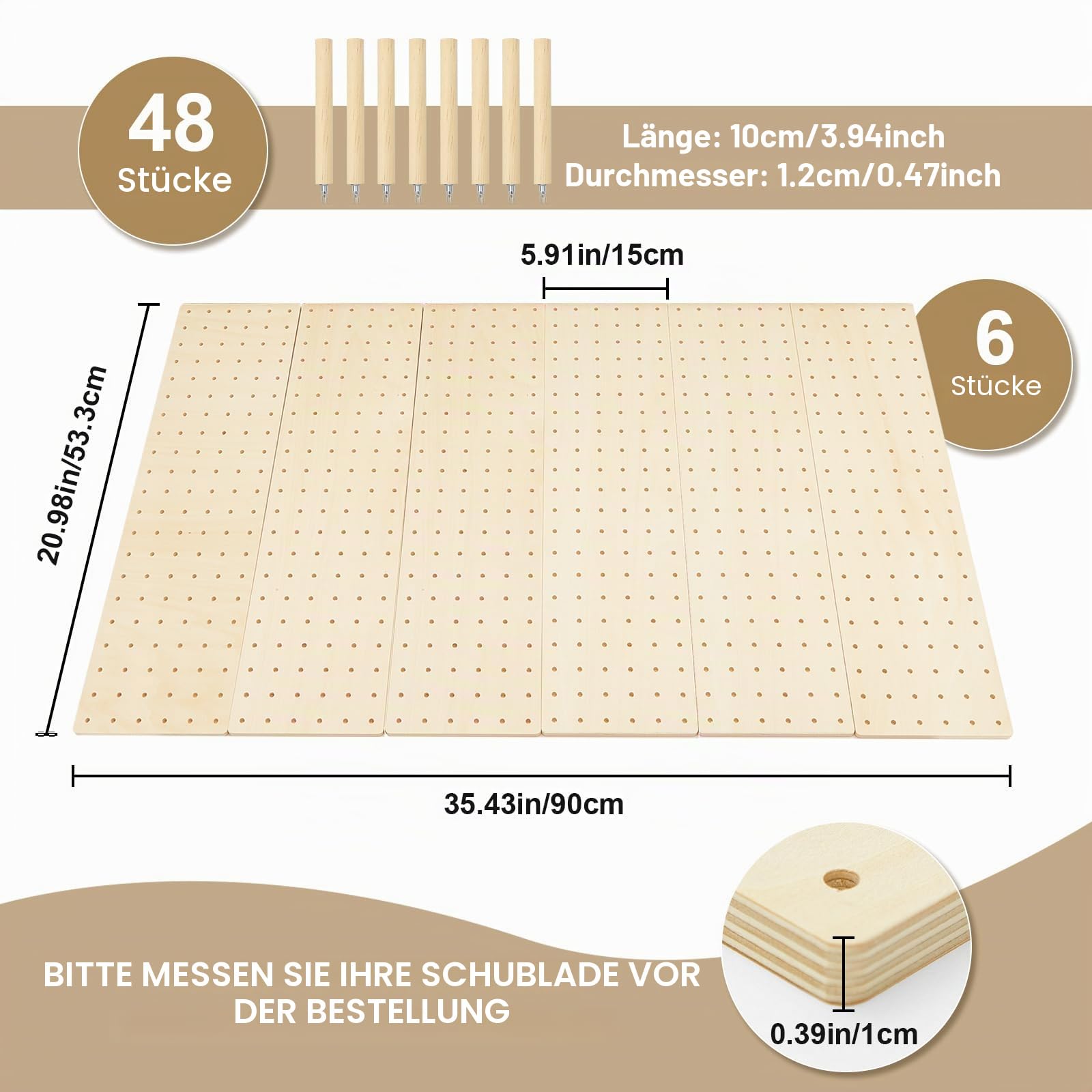 Kigley 6 Stück Holz Stecktafel Schublade Organizer Mit 48 Klammern - Peg Board System für Geschirr und Lebensmittelbehälter - Küche Platte Organizer