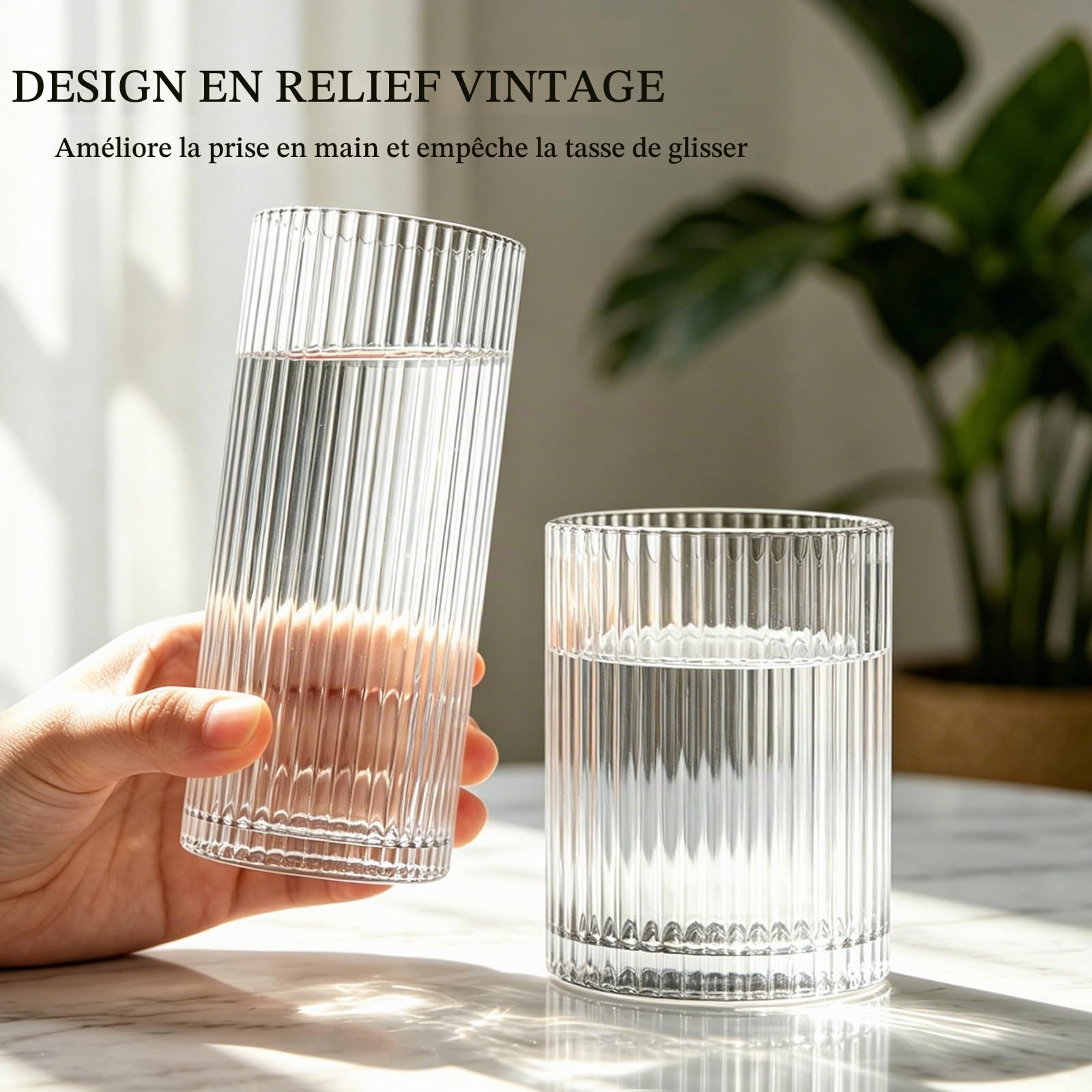 INSETLAN – Lot de 8 verres à boire côtelés - 4 verres hauts de 355 ml, 4 verres à glaçons de 414 ml, verres à cocktail vintage, idéaux pour le vin, le jus, l’eau, le café glacé, le whisky, les
