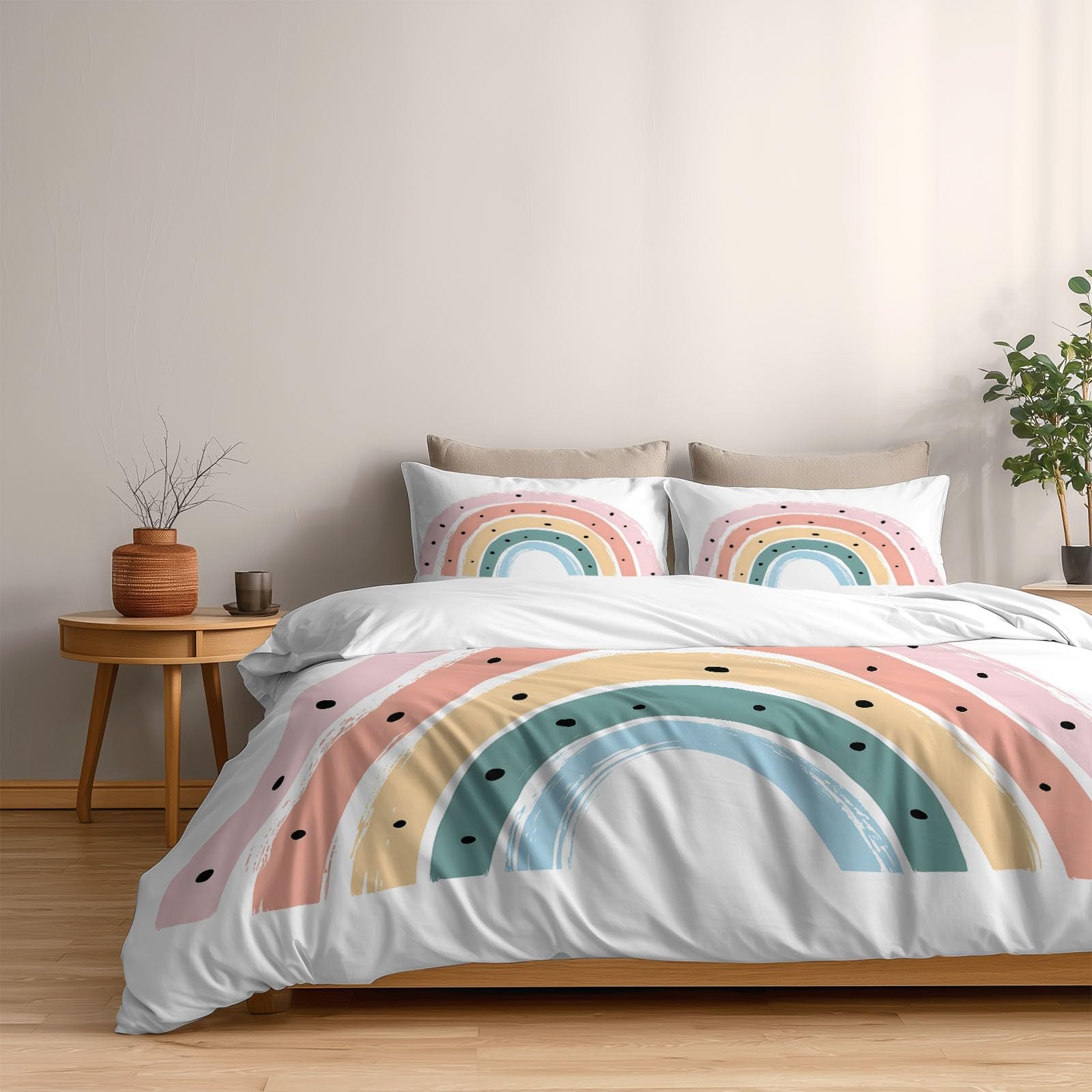 Schlicht Regenbogen Geometrische Textur 3-teiliges Bettwäsche-Set, 1 Bettbezug 180 x 200 cm und 2 Kissenbezüge 80 x 80 cm,aus bügelfreier Mikrofaser Weiß
