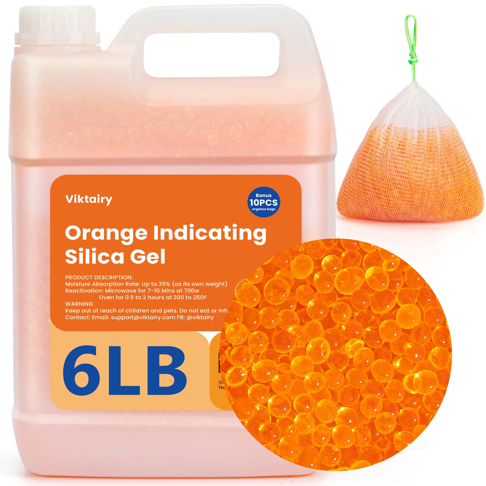 6LBS Silica Gel Desiccant Beads, Premium Orange Indicating Reusable Desiccant Bulk, Industry 3-5 mm Silica Beads Dehumidifier for 3D Filament,