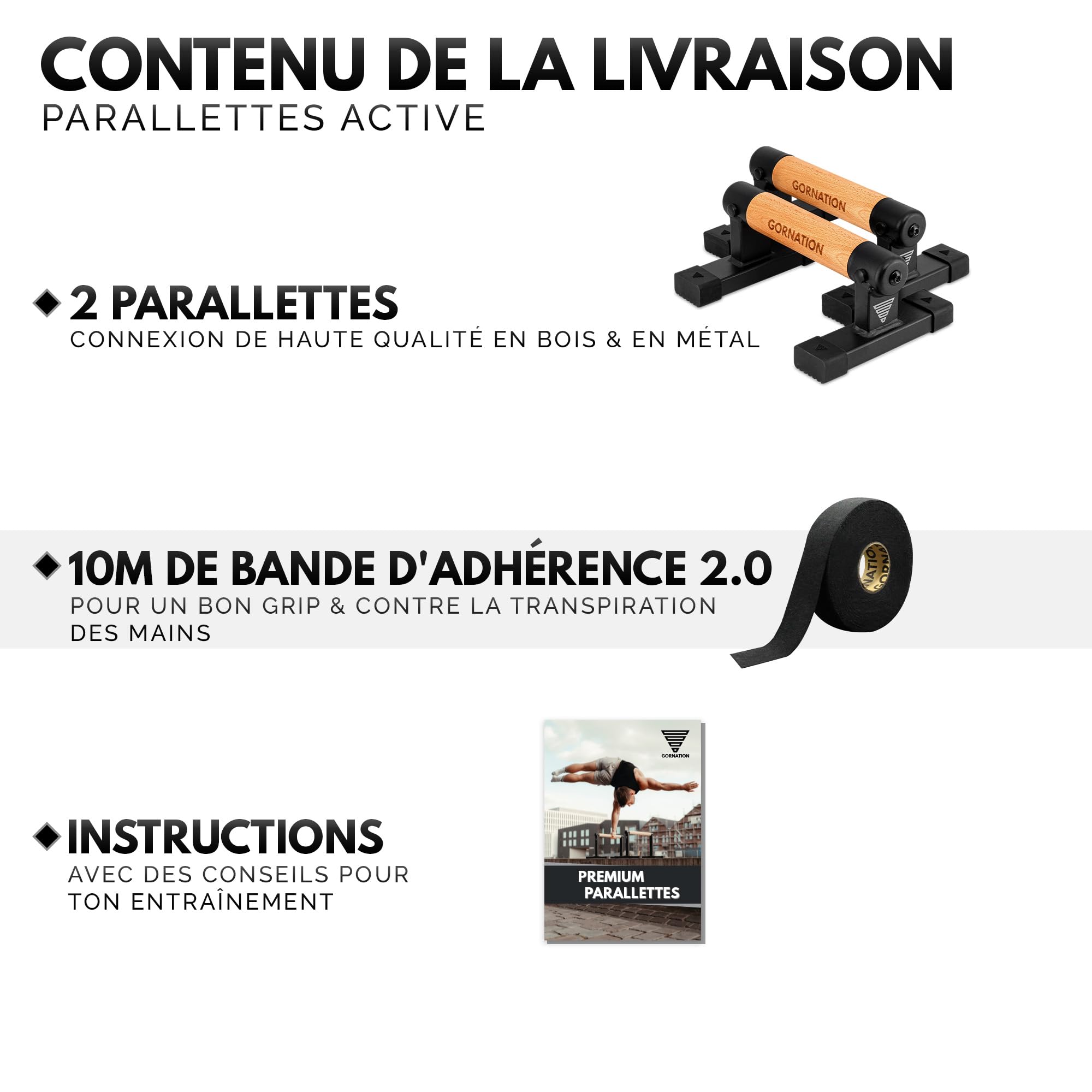 GORNATION Parallettes pour Calisthenics, Barres Parallèles de Street Workout pour Equilibres, Pompes et plus, Poignées de Pompes Antidérapantes en Bois pour Fitness, Accessoire Musculation