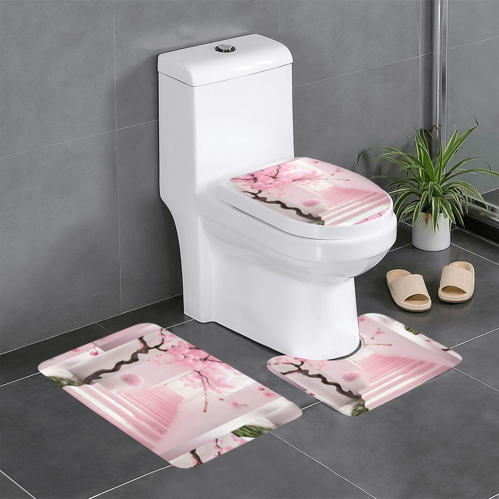 Tapis de salle de bain élégant motif fleurs de cerisier rose en fibres durables set de 3