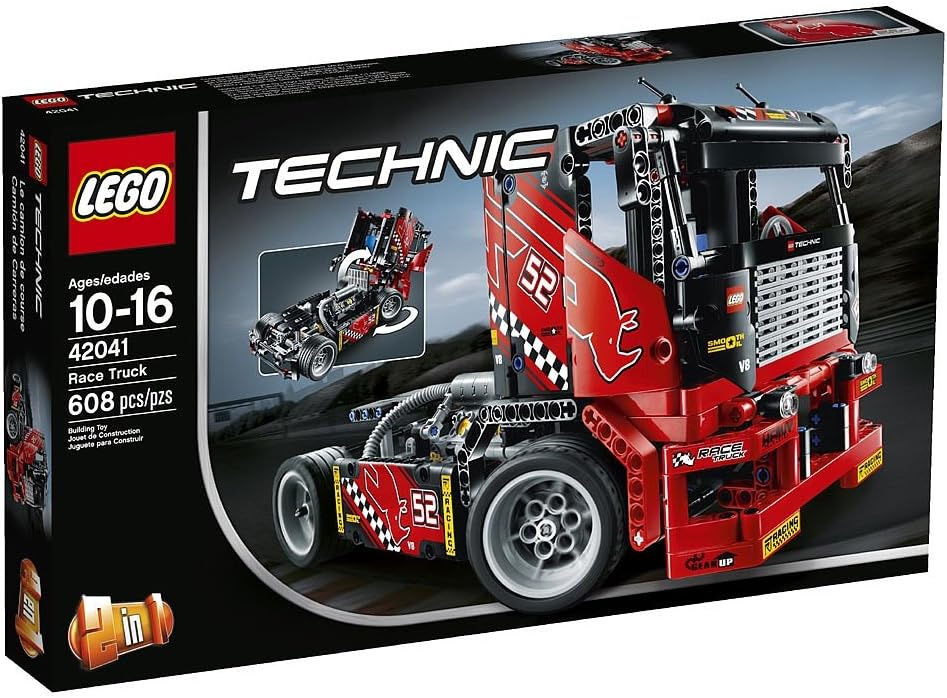 LEGO Technic Race Truck 42041-ის ყუთის ნამუშევარი, რომელიც აჩვენებს აწყობილ სატვირთოს და მის მახასიათებლებს.
