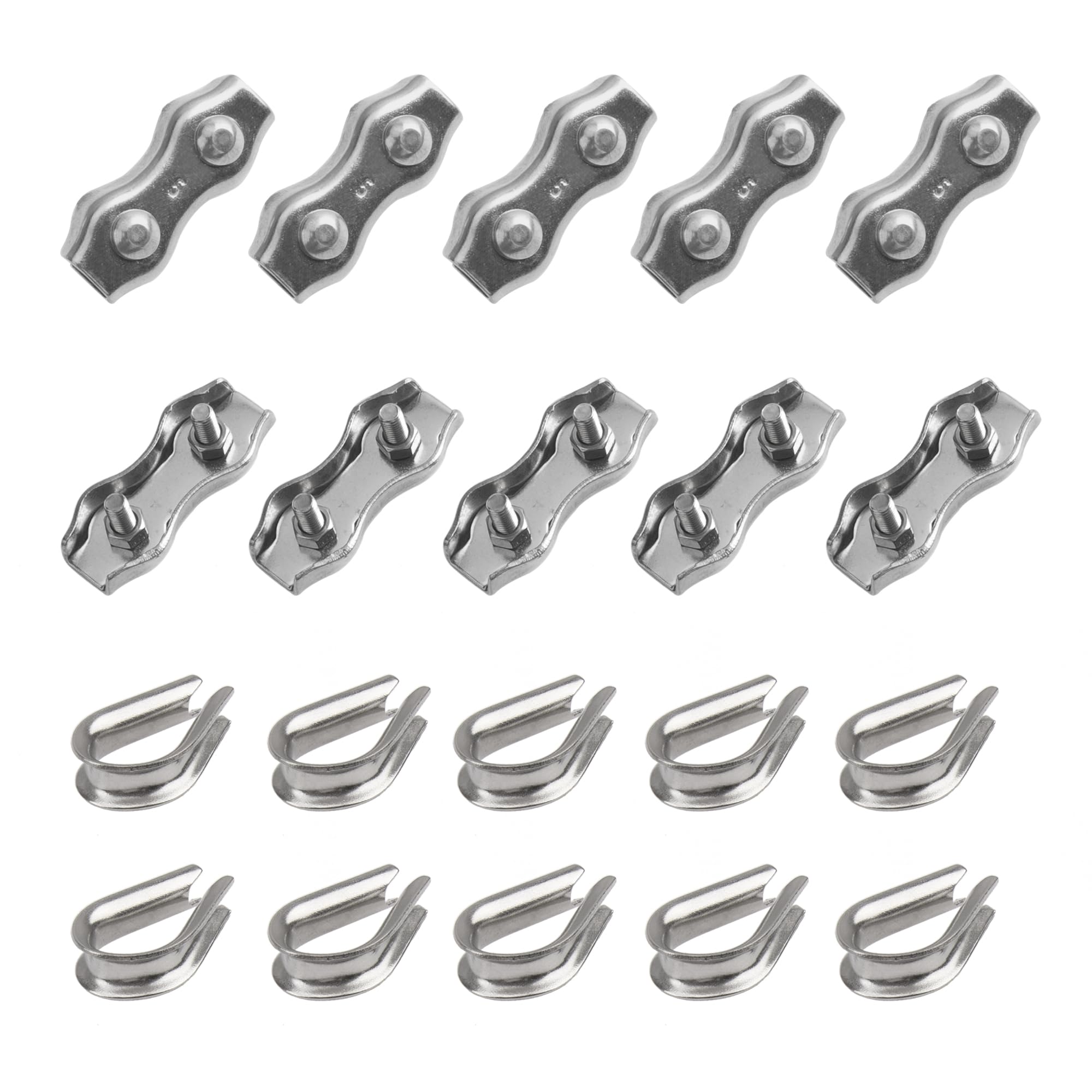 Rrina 10Pcs M5 Stainless Steel Duplex 2 Post Cable Clamp & Thimble, Wire Rope Clip Cable Clamp for 3/16" Diameter Wire Cable