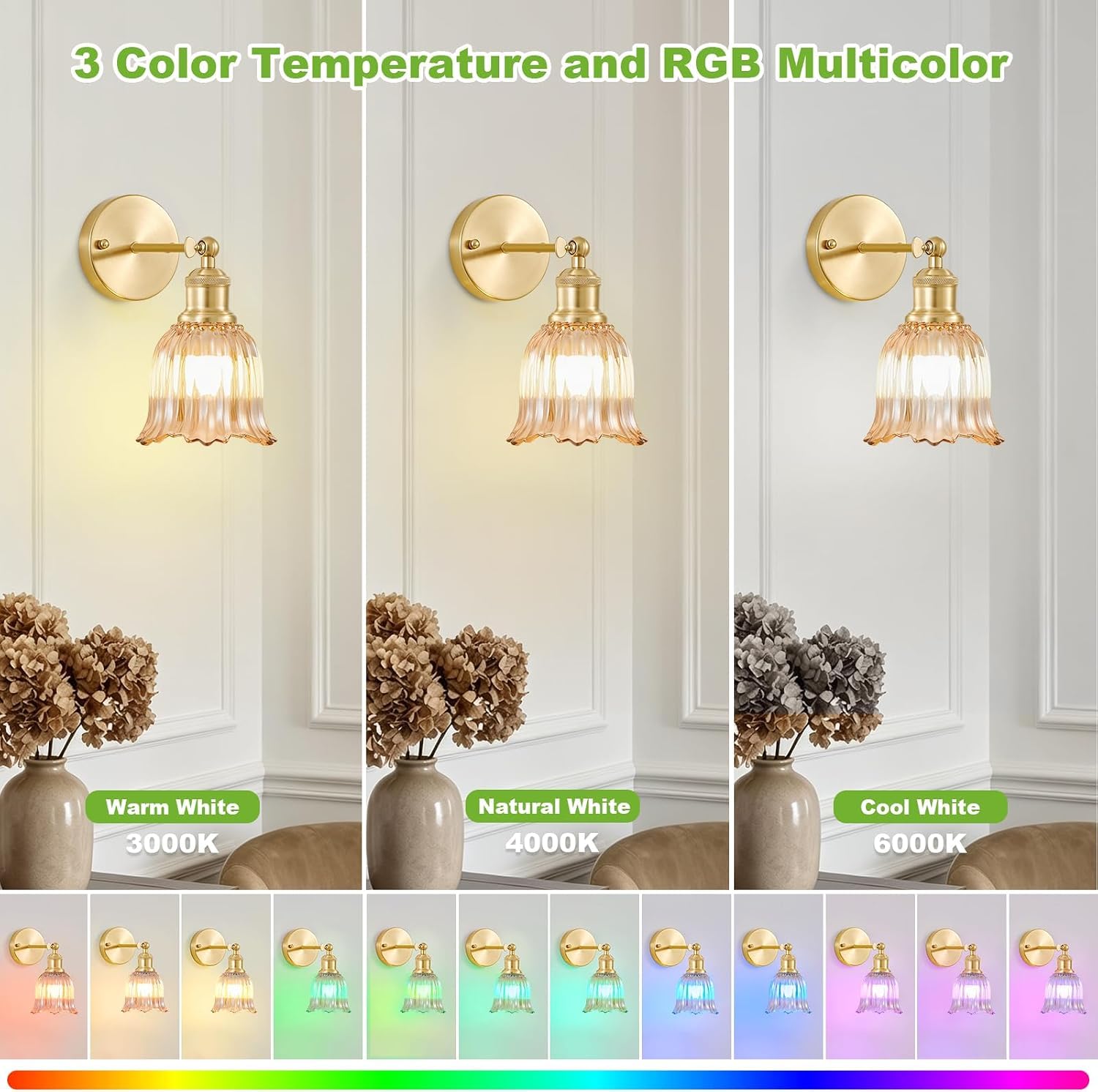 OOWOKS Akku Wandleuchte Innen Gold 2 Stück Dimmbar Wandlampe Ohne Stromanschluss mit Glas Schirm Vintage Nachttischlampe Verstellbar mit Schalter Dimmbar & RGB Speicherfunktion Timer Fernbedienung