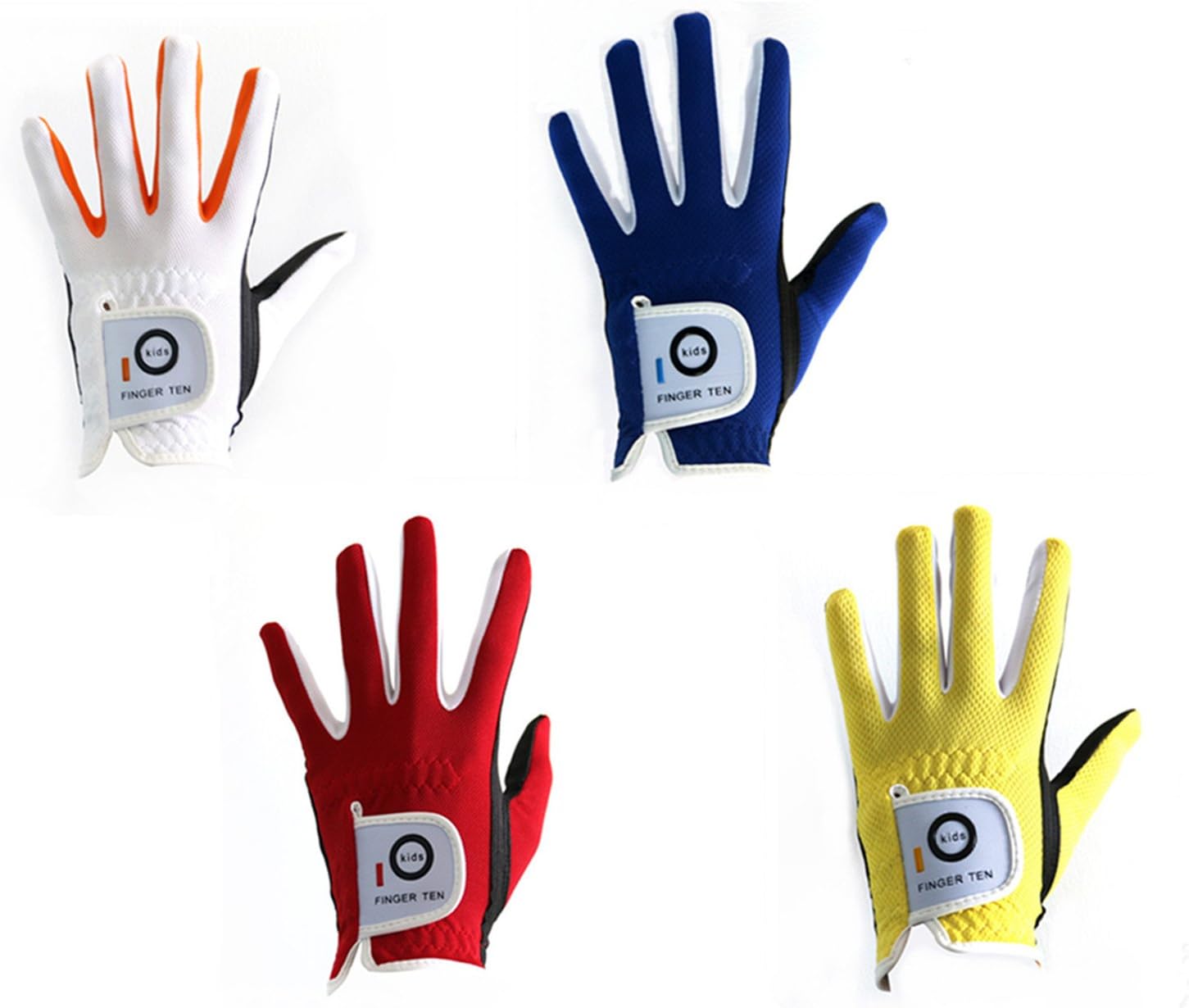FINGER TEN Junior Kids Dura Feel White Blue Red Yellow Golf Gloves (Medium White, Left)