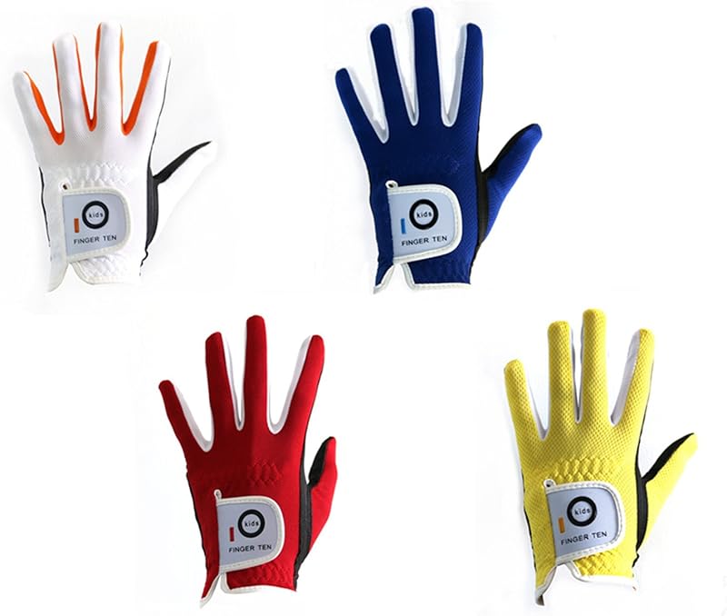 FINGER TEN Golf Gloves Junior Kids Youth Toddler Boys Girls Left Hand Right Hand Dura Feel White Blue Red Yellow Golf Glove Extra Value 2 Pack Age 4-11 Years Old