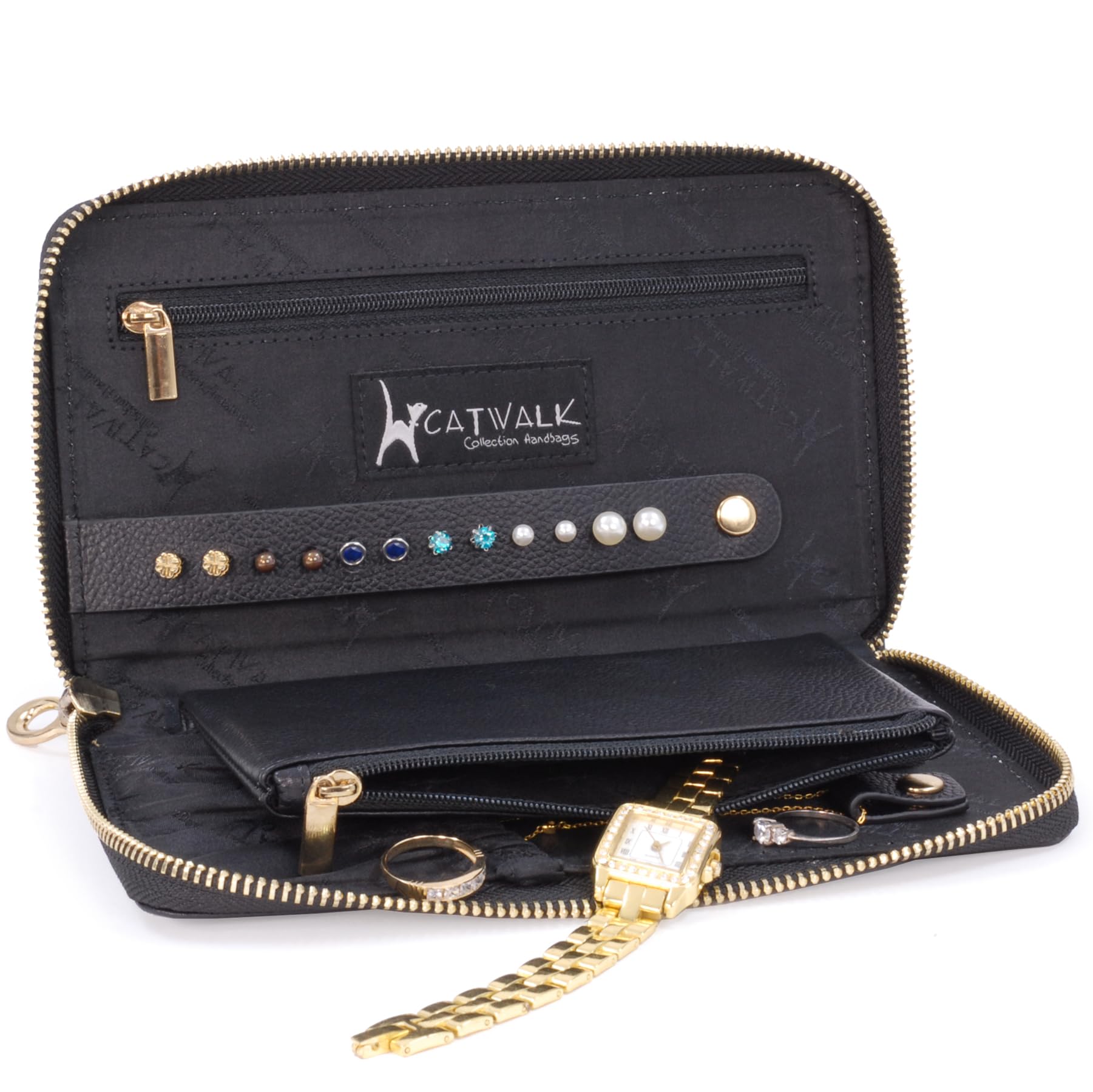 Catwalk Collection Handbags - Podróżne Skórzane Etui na Biżuterię Dla Kobiet - Mała Torba Zasuwana Na Biżuterię W Pudełku Upominkowym - Pippa - Czarny