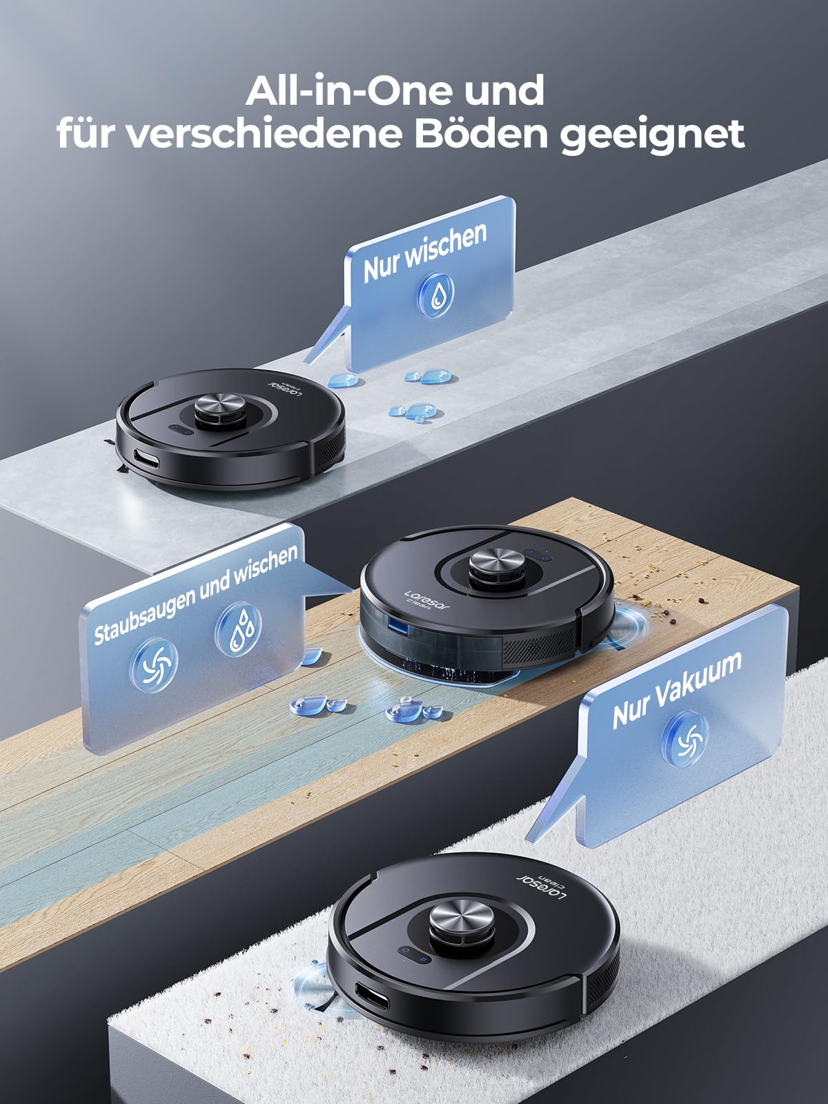 Laresar Clean 8000Pa Saugroboter mit Wischfunktion, 3 in 1 Staubsauger Roboter mit Laser Navigation, Roboterstaubsauger mit APP Steuerung 180 Min Laufzeit, Ideal für Tierhaare, Teppiche und Hartböden