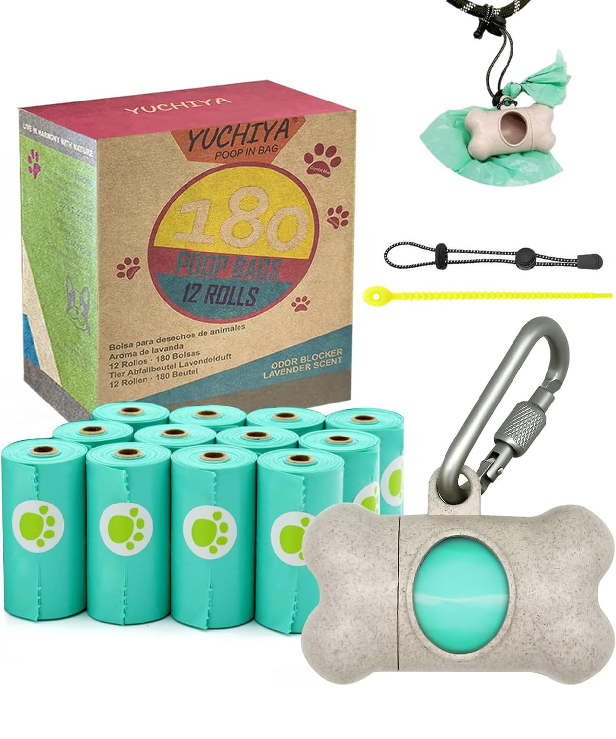 Dog Poop Pickup Bags Holder Dispenser with Standard-Sized Leak-Proof Scented Doggy Waste Bags and Carabiner with Safety Lock&Fastener Never Loose on