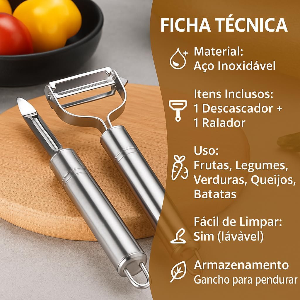 Kit Descascador e Ralador em Aço Inox 2 Peças Para Frutas Legumes Verduras Queijos e Batatas Corte Preciso e Durável Kit Descascador e Ralador em Aço Inox 2 Peças Para Frutas Legumes Verduras Queijos e Batatas Corte Preciso e Durável