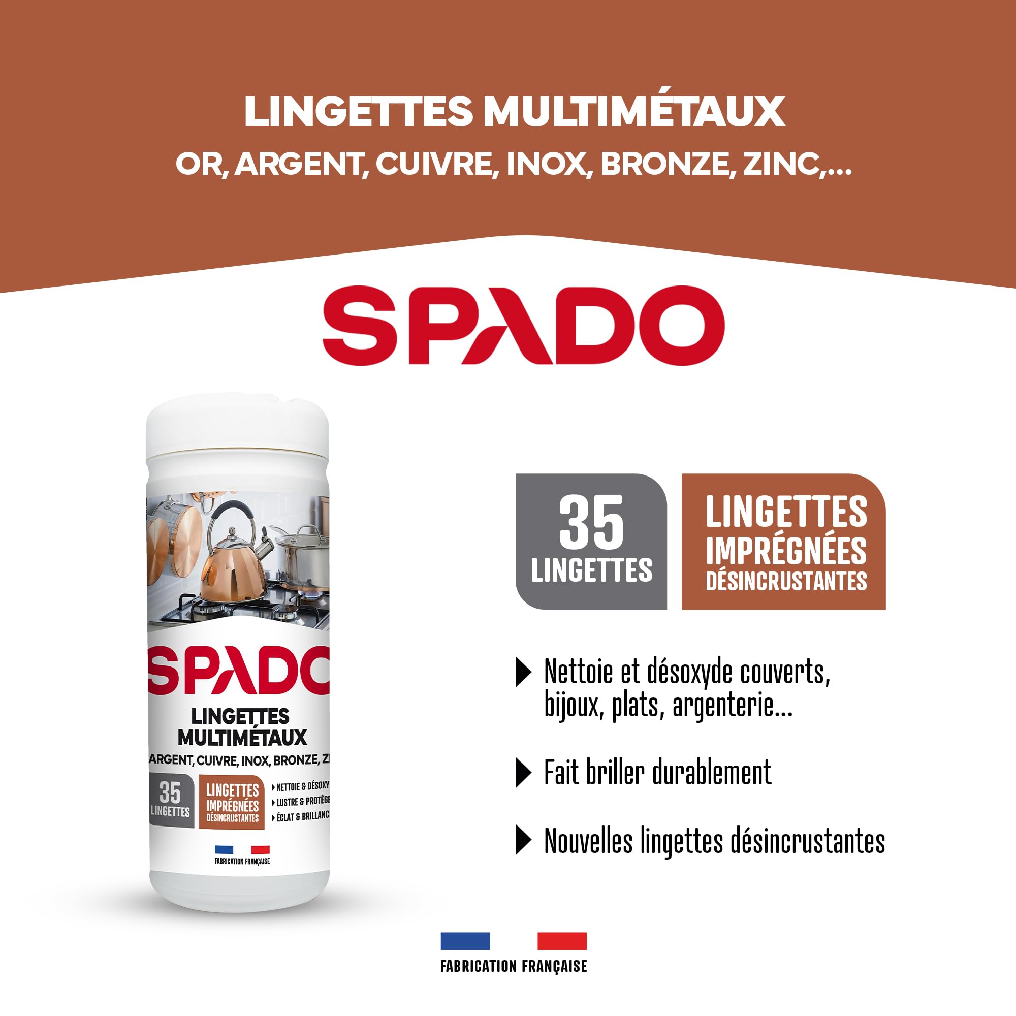 SPADO - Lingettes multi métaux - Nettoie et désoxyde couverts, bijoux, plats et argenterie - Fait briller - Lingette désincrustantes - 35 lingettes - Fabriqué en France
