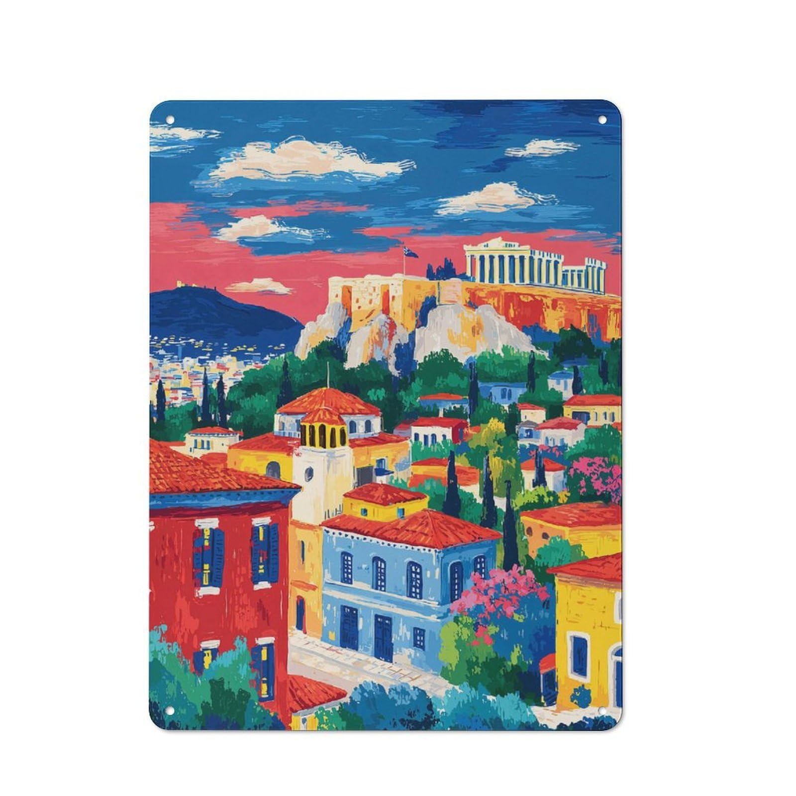 Junmoney Style Athens Cityscape Painting With Acropolis View Workshop Metal Wall Decor 40X30cm, Garage Metal Sign For Workshop, Basement, Shed Or Games Room