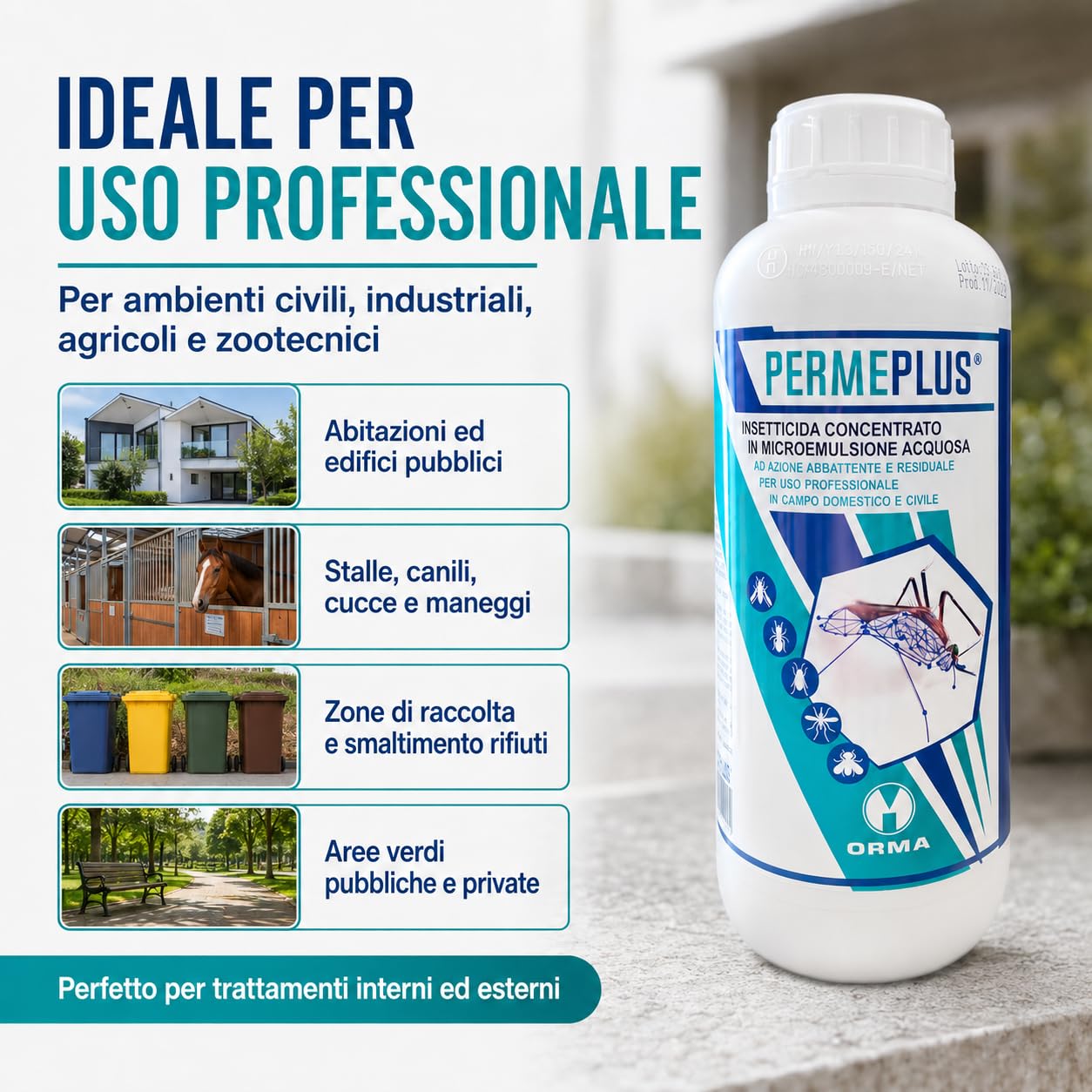 ORMA PERME PLUS | 1 Litro Insetticida Concentrato Zanzare, Mosche, Insetticida Blatte in Microemulsione - Azione Snidante e Residuale - Uso Interno ed Esterno - Inodore e Facile da Usare