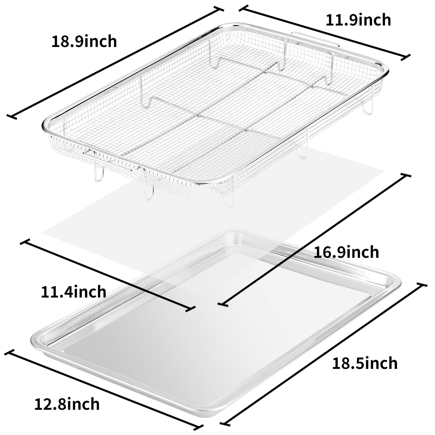 QPMR Cesta de freidora de aire para horno, cesta de acero inoxidable de 18.7 x 11.8 pulgadas con 50 papeles de pergamino, cesta de freidora de aire y bandeja, bandeja antiadherente con bandeja para