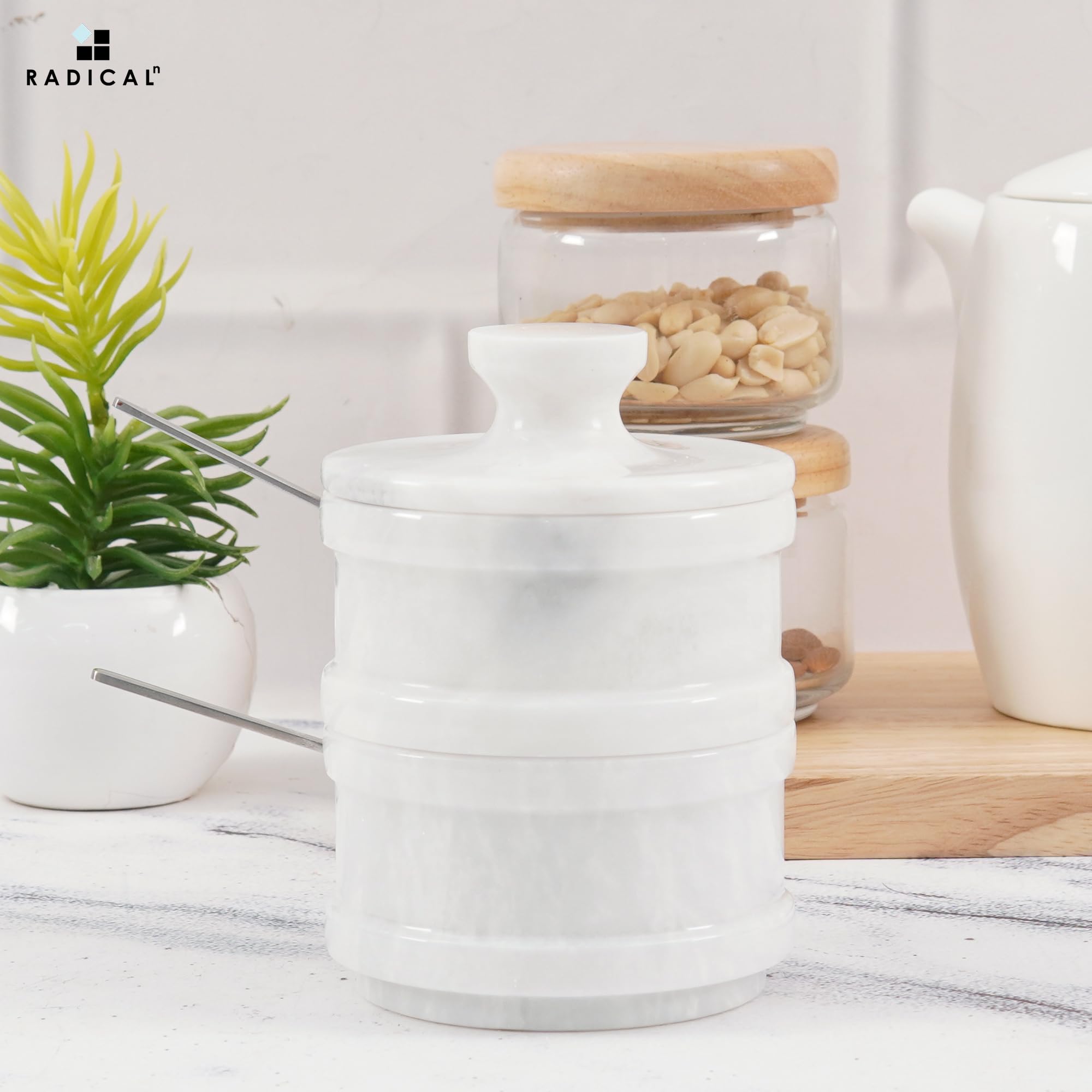 Radicaln Handmade Marble White 5.5” Dual Salt Cellar & Brown Sugar Keeper – 2.3” Each Herb Jar Salt Dish Kitchen Accesorries – Ideal For Jewelry, Butter, Sugar & Home Décor
