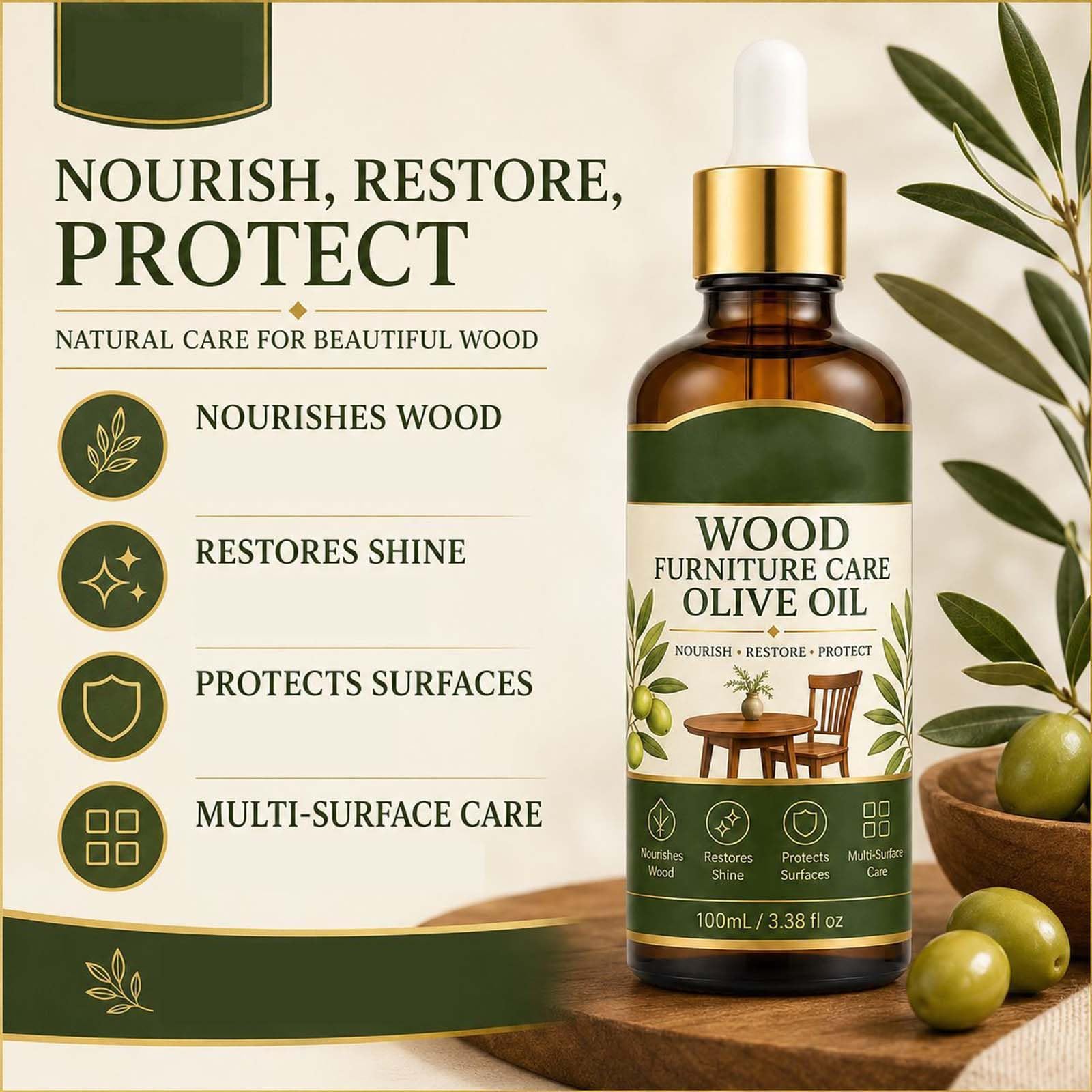 Olio nutriente idratante per la cura dei mobili in legno con oli d'oliva, olio essenziale per la cura dei mobili, lucidante e detergente per mobili, balsamo rivitalizzante e protettivo e spray per