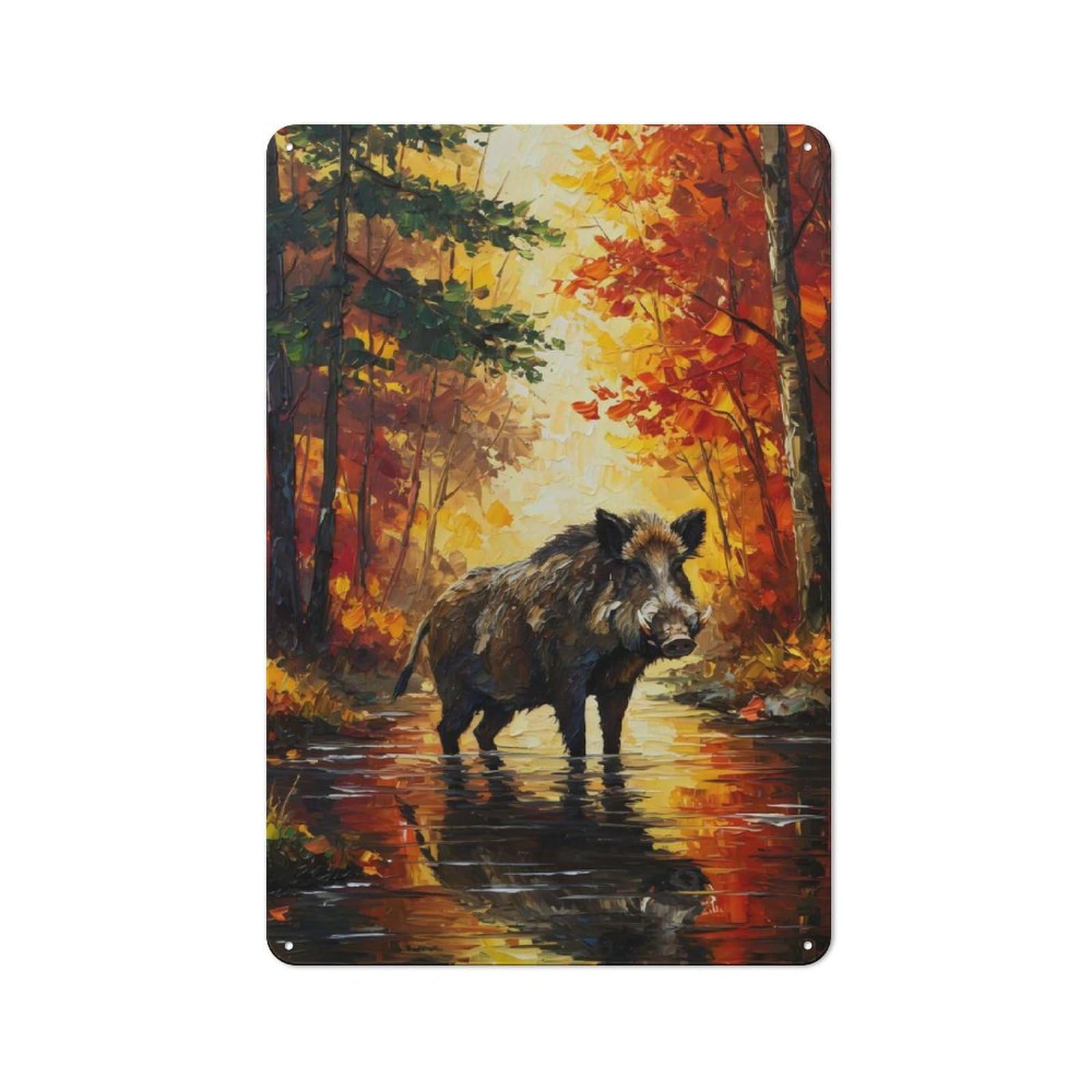 Junmoney Wild Boar In Autumn Forest Painting Retro Metal Sign 30X20cm Featuring Home Bar Decor For Pub, Home Bar, Shed Or Man Cave