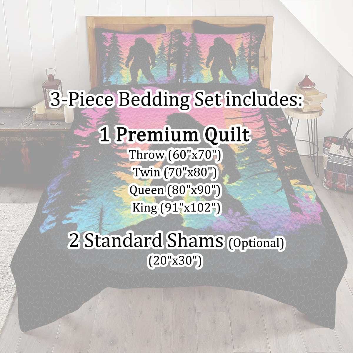 Bigfoot Printed Comforter - Colorful Bigfoot Bedding 3 Pieces Full Size Gifts for Girls Boys Adults, Sasquatch Quilt Gifts